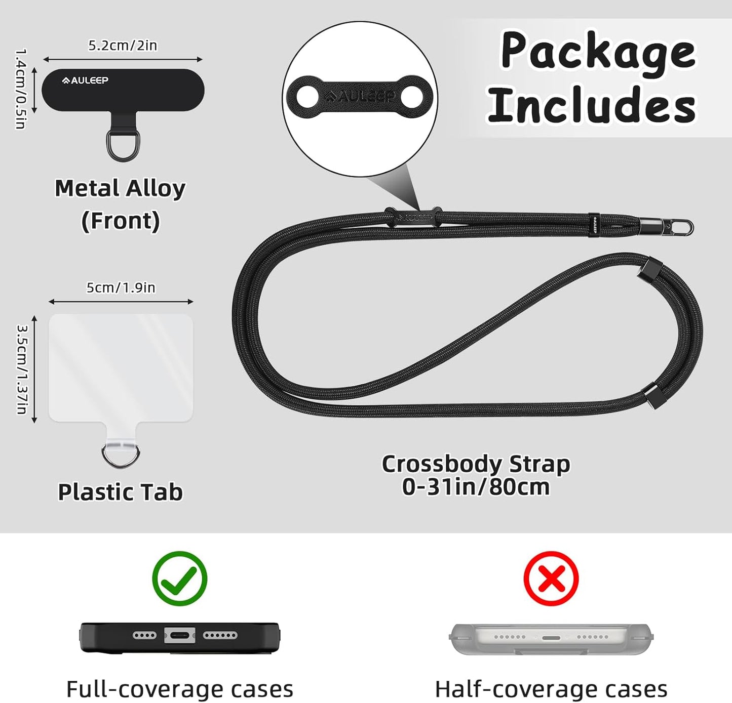 AULEEP Universal Phone Lanyard Corssbody, Anti-theft Phone Strap for Women and Men, Adjustable Cell Phone Neck Lanyard for all iPhone and Smartphone, with 2 Phone Tethers (Metal & Plastic), Black