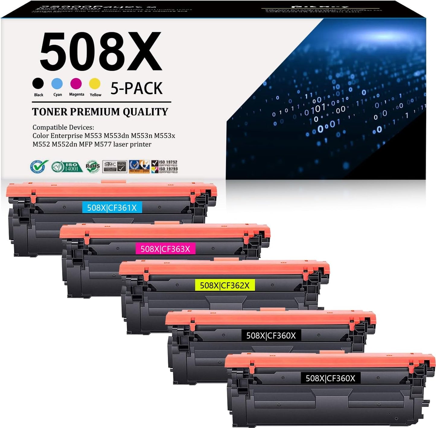508X Toner Cartridge Combo Pack (5-Pack, 2Black/1Cyan/1Magenta/1Yellow) Replacement for HP 508X 508A 508 Toner CF360X CF361X CF362X CF363X Compatible for M553 M552 553 MFP M577 Series Printer