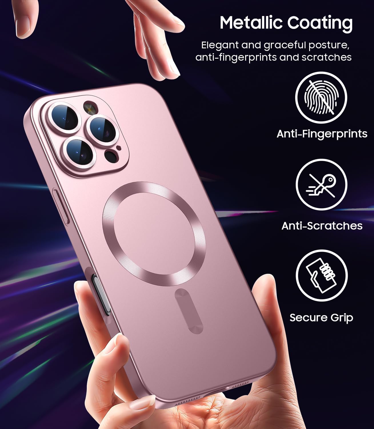 Magnetic for iPhone 16 Pro Case [Compatible with MagSafe][Built-in Camera Lens Protector] Slim Soft Silicone Bumper Shockproof Metallic Luster Phone Case (Rose Gold)
