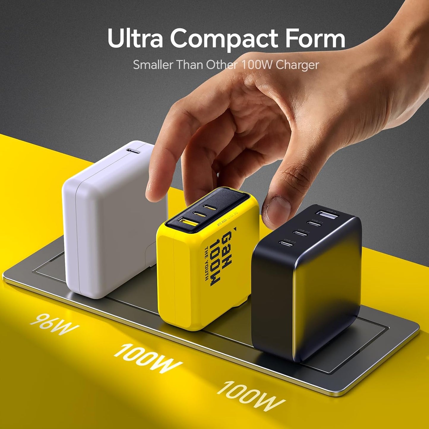 AOHI Youth 100W Gan+ USB C Wall Charger, 3-Port Laptop Fast Charger Type C Power Adapter PPS PD for MacBook Pro/Air, iPad Pro, iPhone 16/15 Pro Max, Galaxy S24 Ultra/Note, Pixel, Steam Deck, Yellow