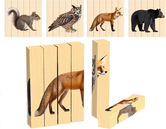 Wooden Animal Chunky Puzzles for Toddlers 2+ Years - Montessori 4 in 1 Woodland Creature Block Puzzle Toy