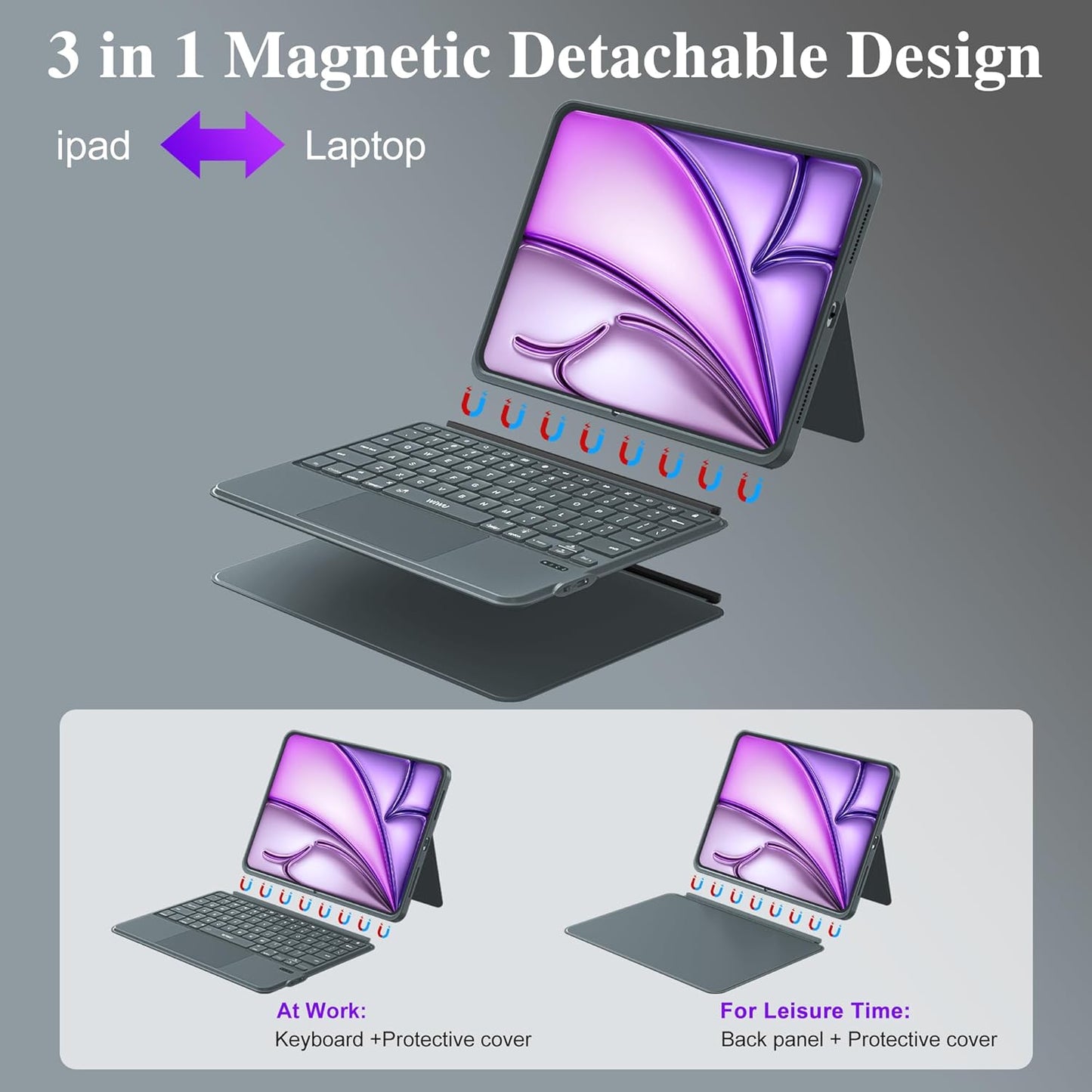 WIWU Keyboard Case for iPad Air 13 Inch 3 in 1 Magnetic Detachable Keyboard Case Adjustable Stand 7 Colours Backlit Keys with Trackpad (Grey, for Air 13"(M3/M2) Pro 12.9" 6/5/4/3)