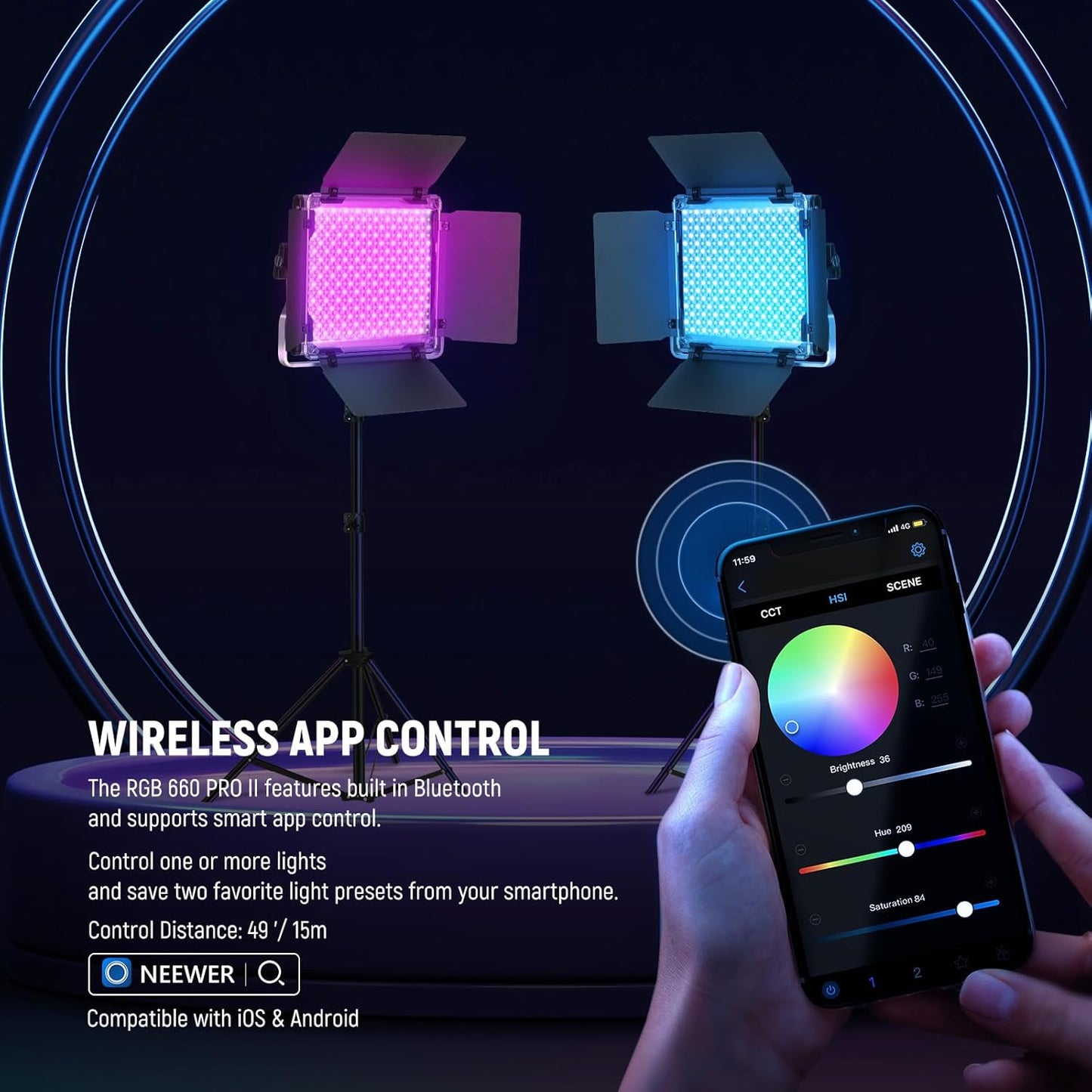 NEEWER Upgraded RGB LED Studio Video Light with Tripod Stand, App Control 50W 7000Lx CRI97+ 3200-5600K Dimmable Panel Key Lighting Kit for Game Streaming YouTube Recording Photography, RGB660 PRO II