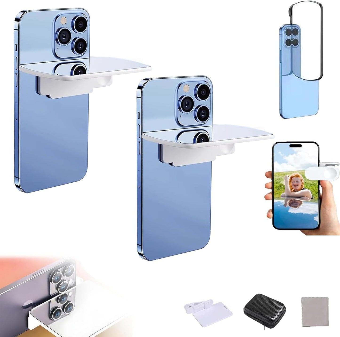 Smartphone Camera Mirror Reflection Clip Kit, Adjustable HD Glass Mirror Effect Lens for Creative Photography, Vertical & Horizontal Phone Selfie Reflector, Portable Photography Accessory (2PCS-White)