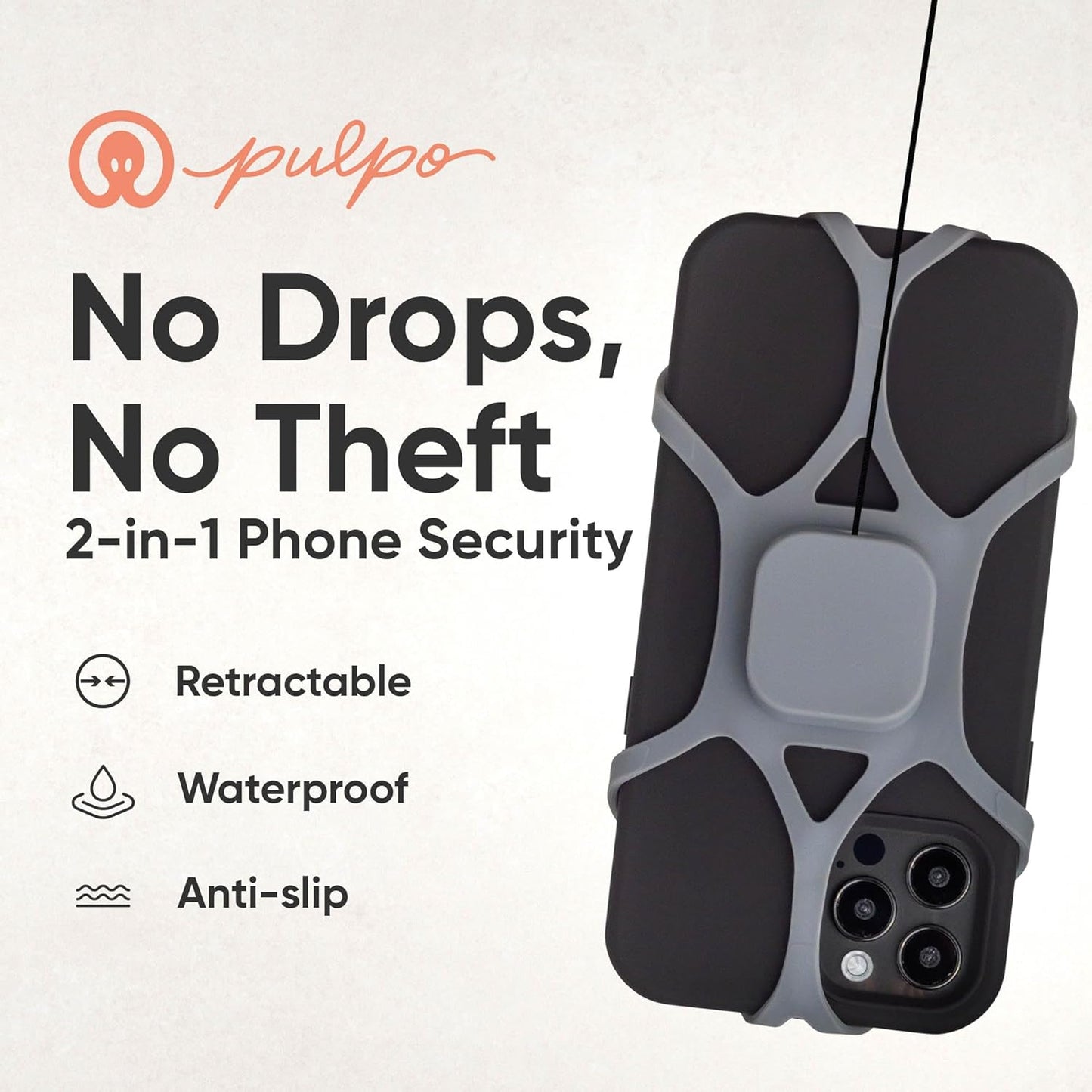 Pulpo Phone Leash Stealth Grey Fits Smartphones Up to 6.8" - Retractable Anti Theft Phone Tether for Skiing & Kayak Tether, Pickpocket Proof Cellphone Lanyard, Anti-Theft Cellphone Leash for Festival