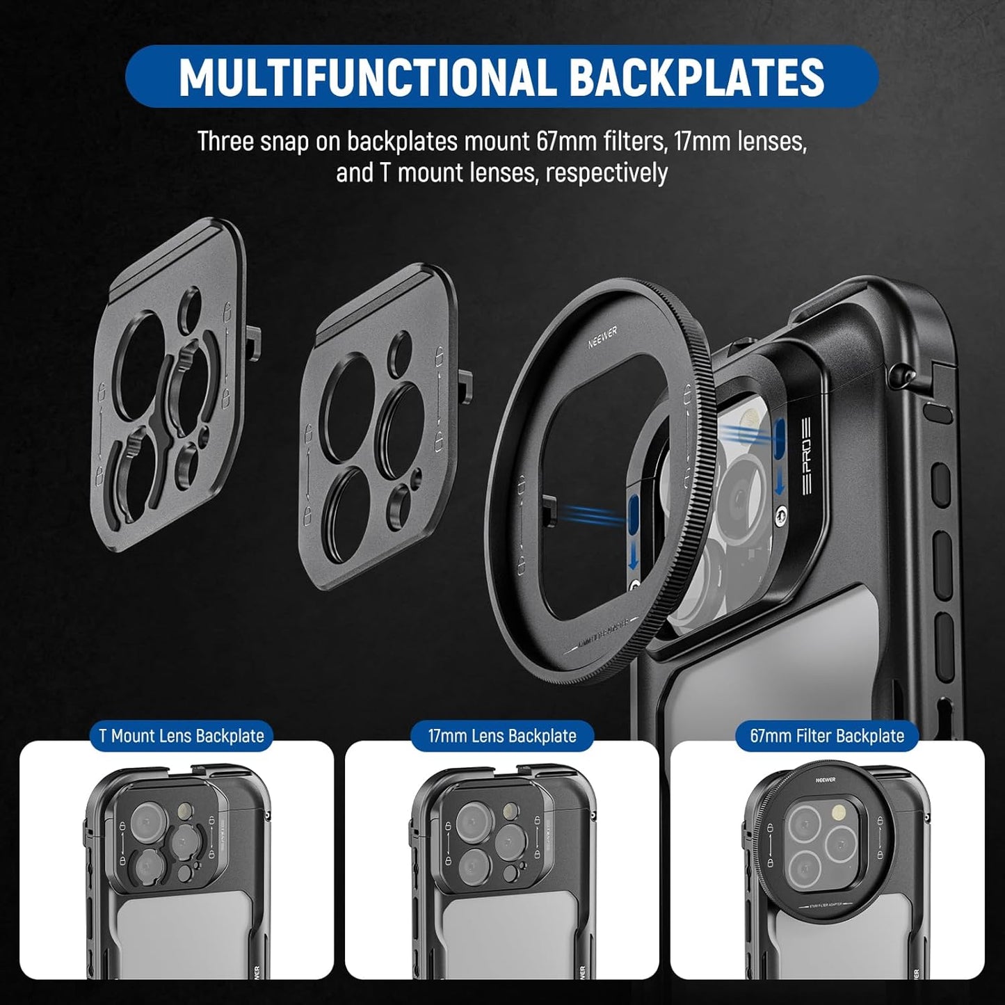 NEEWER 16 Pro Cage, Quick Release Video Rig Phone Stabilizer Compatible with iPhone 16 Pro with Adapters of 67mm Filter, 17mm Lens & T Mount Lens, Full Camera Control Access, PA073