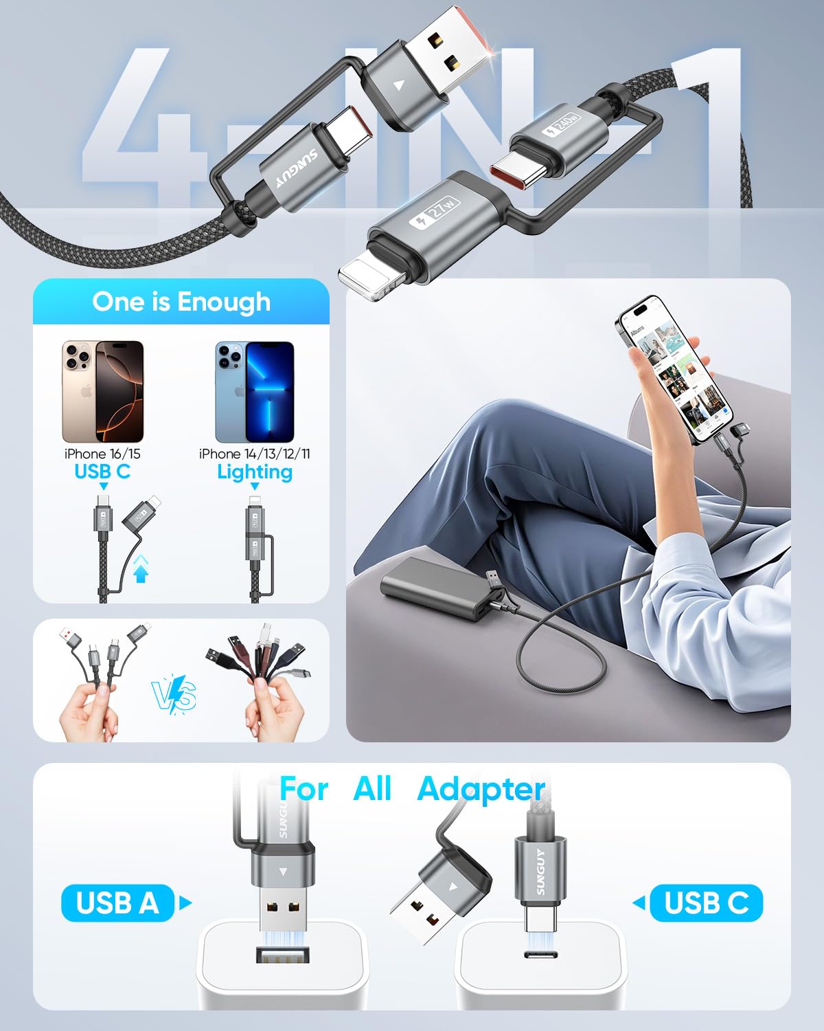 SUNGUY 4-in-1 Charging Cable 3FT, MAX 240W Multi Charge Cable with Lighting/Type C/USB A Port, USB A/Lighting to USB C Cable Adapter for iPhone 16/15/14 Pro Max, Galaxy S24 S23 S22 and More