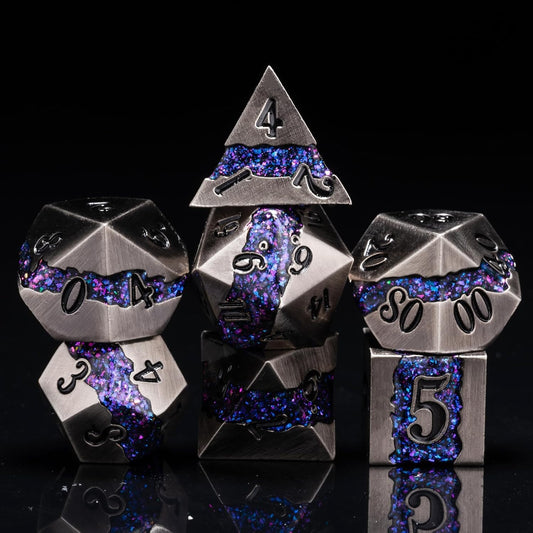 Metal Dice Set D&D, 7 PCS RPG Metallic Glitter Stripe Dice Set with Gift Box for Dungeons and Dragons Role Playing Games