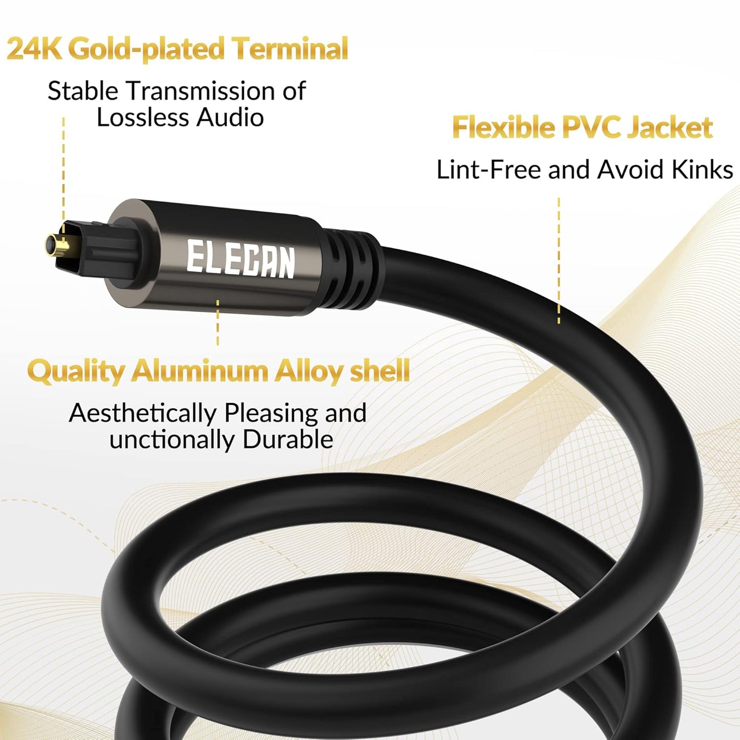Elecan Optical Audio Cable 50 Ft Digital Audio Toslink Cable Cord-Fiber Optic-Gold Plated-Flexiable&Durable-for Home Theater,Sound Bar,PS4&Xbox-with 4 Right Angled and Mini Toslink Adapters+Ties