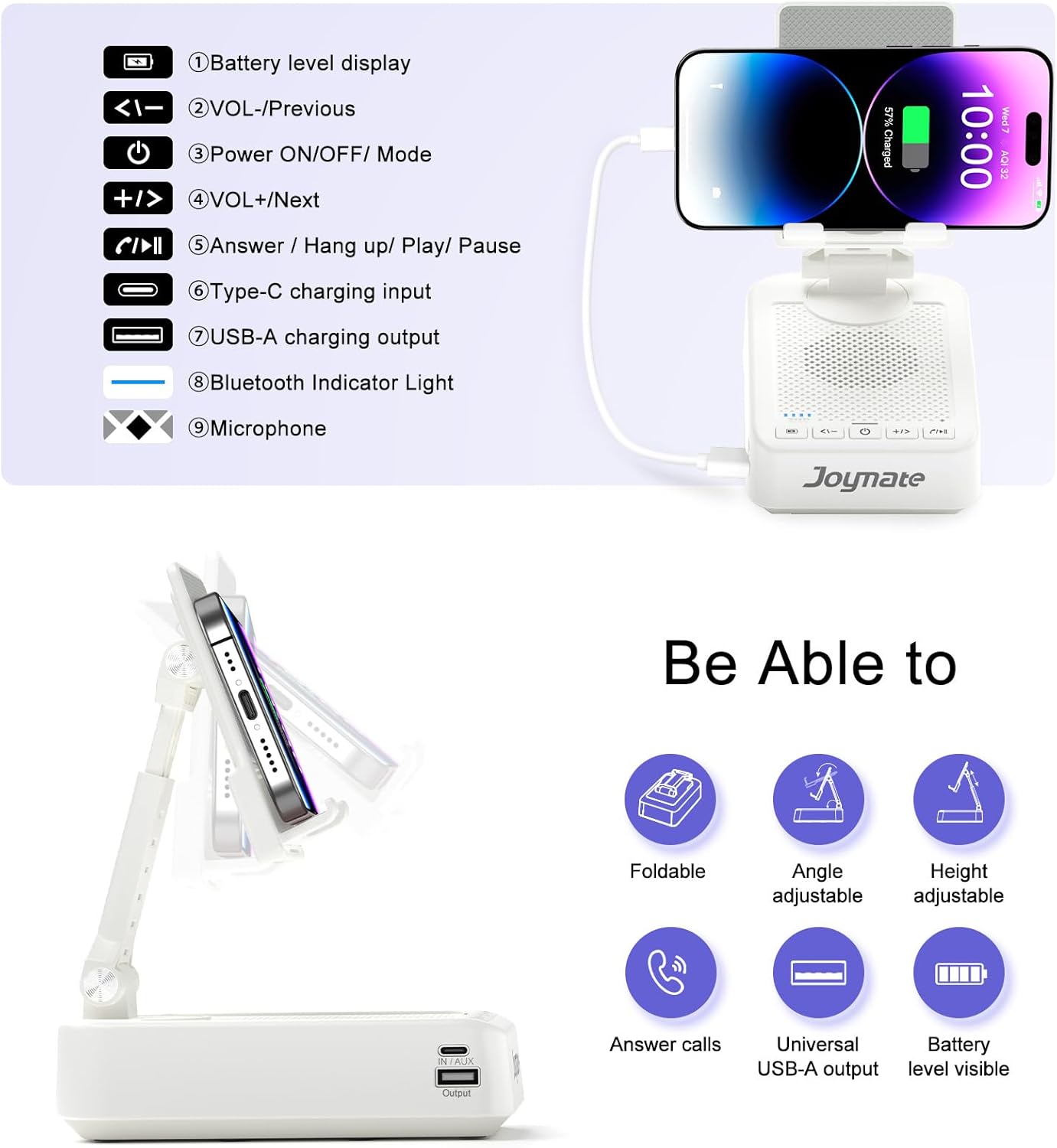 Gifts for Men Women, Bluetooth Speaker Phone Stand with Charging Function 360° Rotable Adjustable Cell Phone Holder HD Surround Sound for Desk Fits All Phones,Tablet (White)