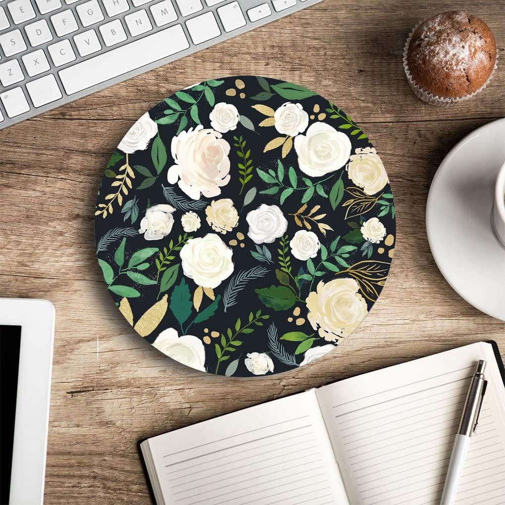Round Mouse Pad, Floral Mouse Pad, Washable Mousepads with Lycra Cloth, Non-Slip Rubber Base Small Wireless Mouse Pads for Office Laptop, Flowers