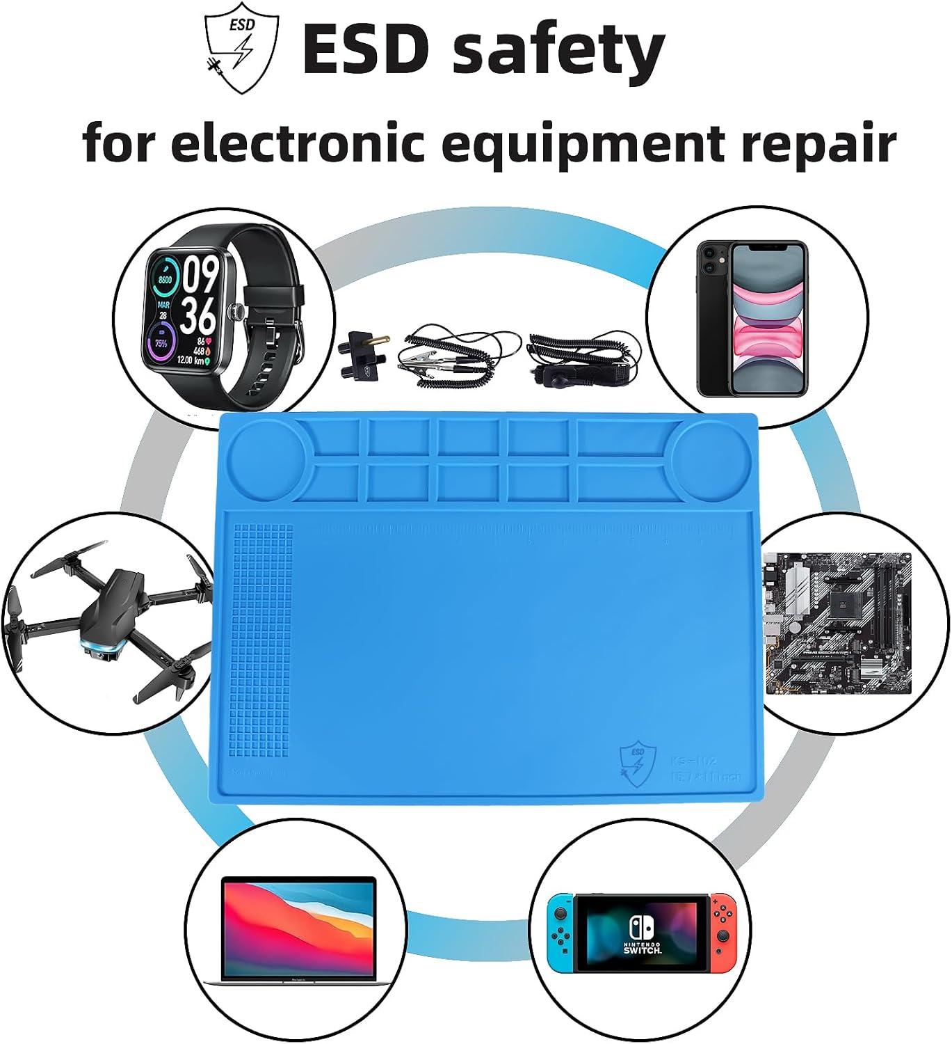 Kaisi Anti-Static Mat with ESD Wrist Strap and Grounding kit, Silicone Soldering Repair Work Mat 932°F Heat Resistant ESD Safe pad for Electronic, Phone, iPhone, iPad, iMac, Laptop, Computer, Watch