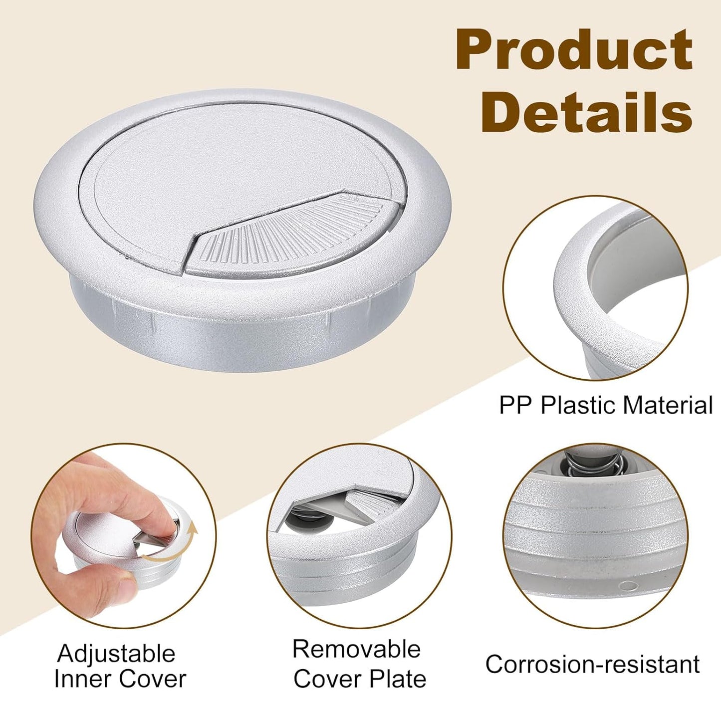 uxcell 5 Pcs 60mm (2.36 Inch) Desk Grommet, Plastic Cable Hole Cover, Wire Cord Cable Organizer for Home Office Computer Desk Cabinet, Silver