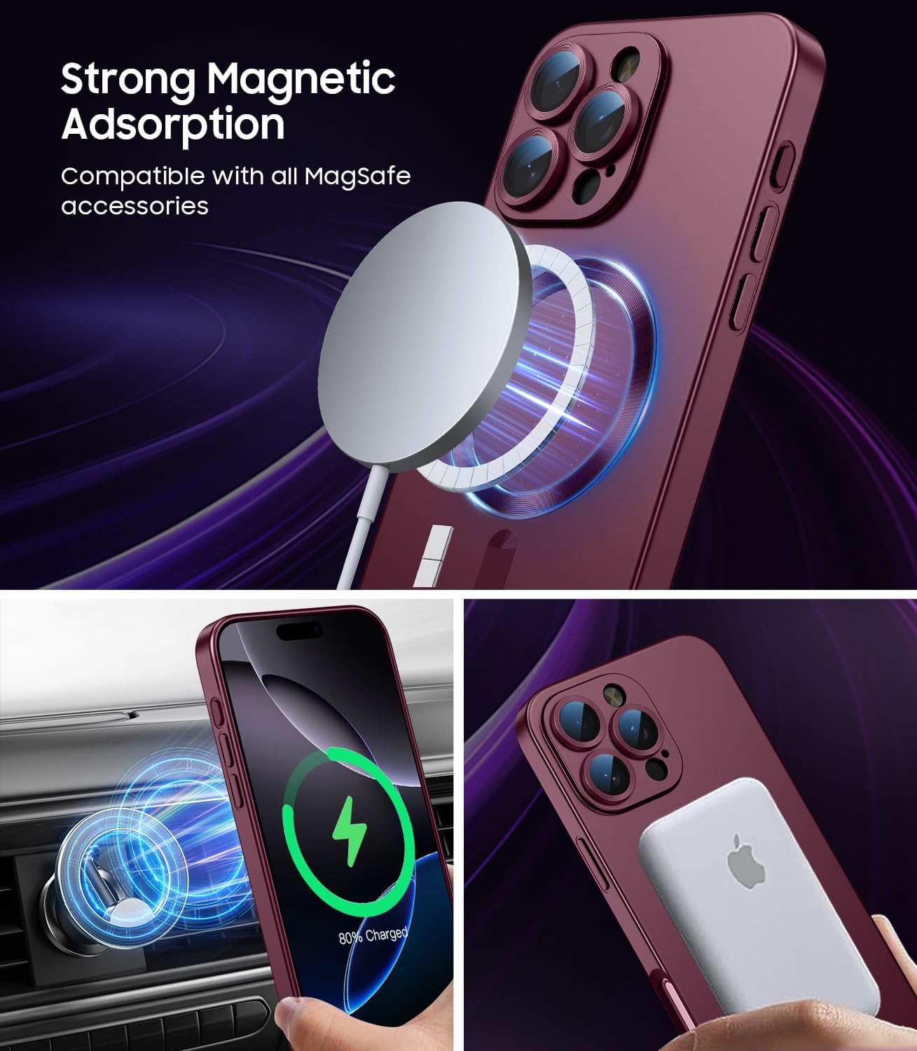 Magnetic for iPhone 16 Pro Case [Compatible with MagSafe][Built-in Camera Lens Protector] Slim Soft Silicone Bumper Shockproof Metallic Luster Phone Case (Burgundy)