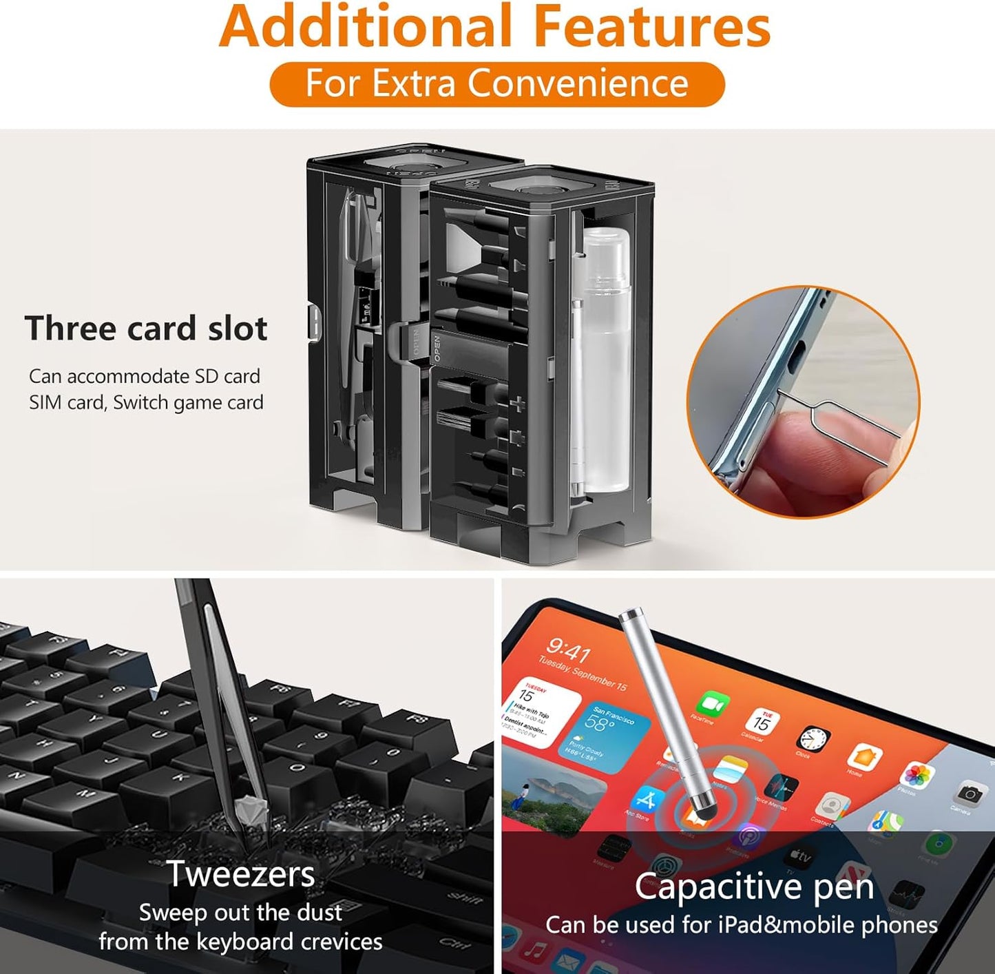 Cell Phone Cleaning Kit, iPhone Cleaning Kit for Charging Port Cleaner Keyboard Cleaning Kit for Airpods/Android/USB C/Earbuds/Laptop/iPad/Camera Lens with Stylus Pen, SIM Tool, Screen Brush(Black)