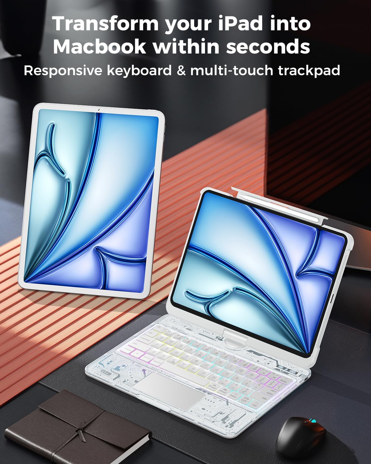 SIEBITU Clear Wireless Keyboard Case for iPad Air 11-inch (M3 2025/M2 2024) & iPad Pro 11-inch 4th 3rd 2nd 1st Gen, 7-Color Backlit with Multi-Touch Trackpad for 10.9" iPad Air 4th/5th Gen, White