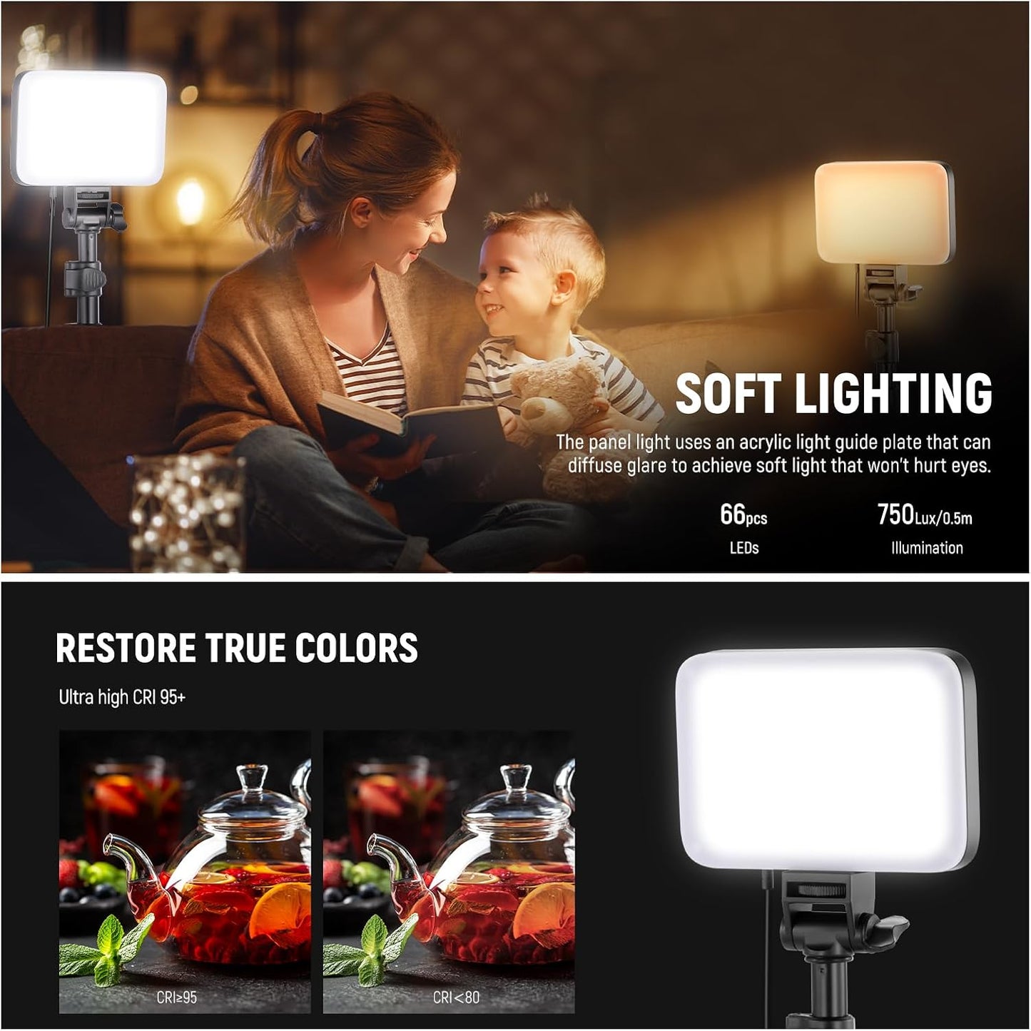 NEEWER BASICS LED Video Light, 2 Pack Studio Panel Key Lighting Kit with Tripod Stands & Filters, Bi Color Dimmable Portable 3200~5600K CRI95 750lux for Photography Recording Streaming Podcast, BP66