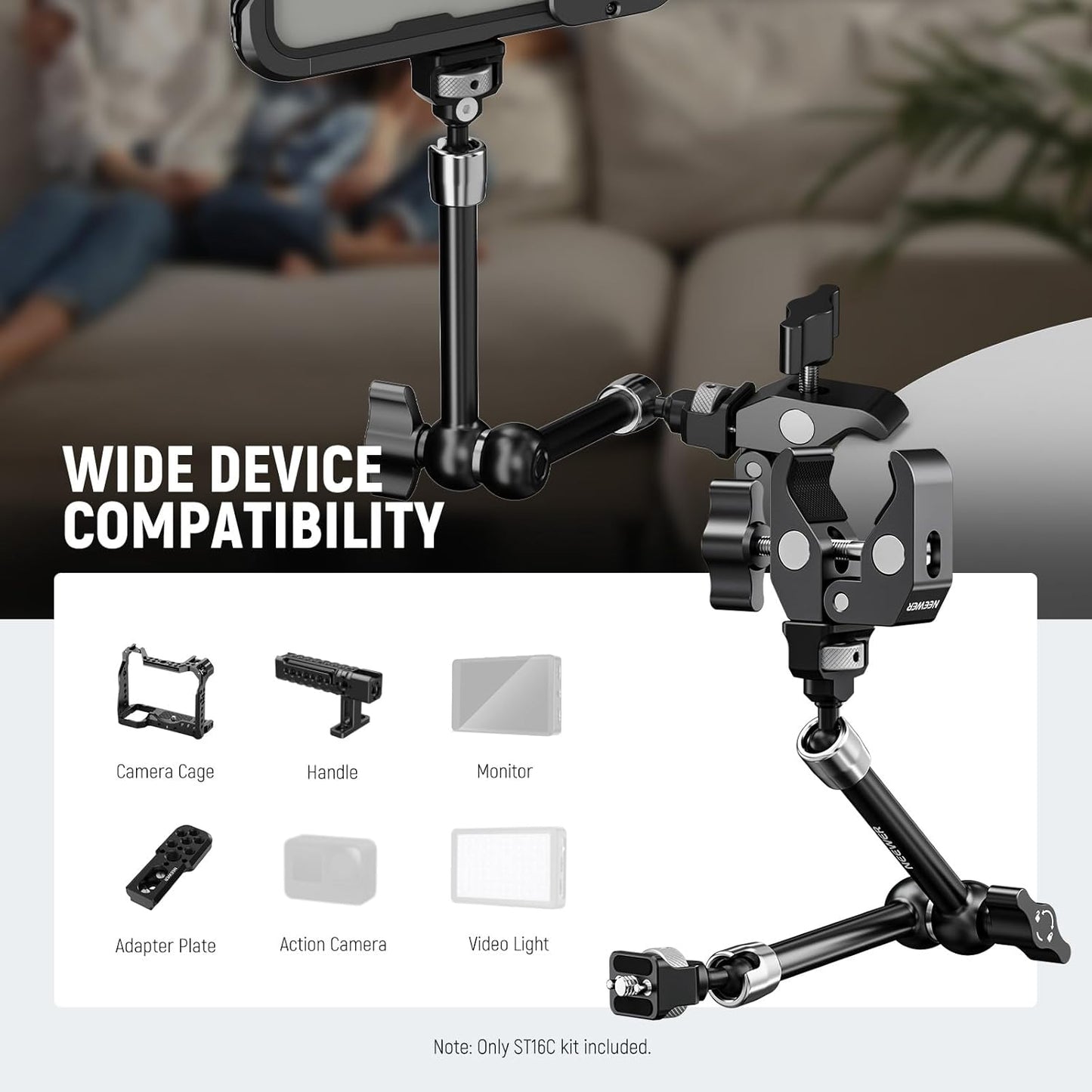 Neewer 11" Articulating Magic Arm Clamp Mount with Super Clamp, Camera Monitor Mount with 1/4" 3/8" ARRI Locating Pins & Holes for DSLR Action Camera Video Light Compatible with SmallRig Cage, ST16C