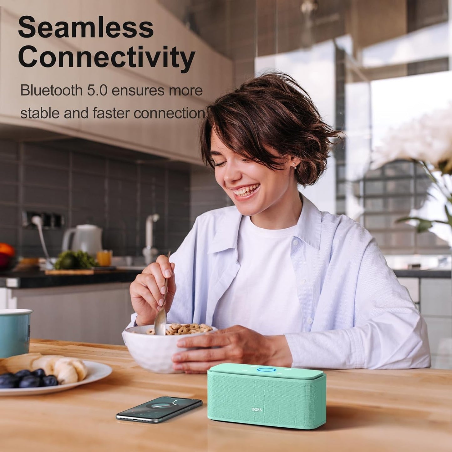 DOSS SoundBox Touch Wireless Bluetooth Speaker with 12W HD Sound and Bass, IPX5 Water-Resistant, 20H Playtime, Handsfree, Portable for Office, Home, Outdoor, Travel-Green