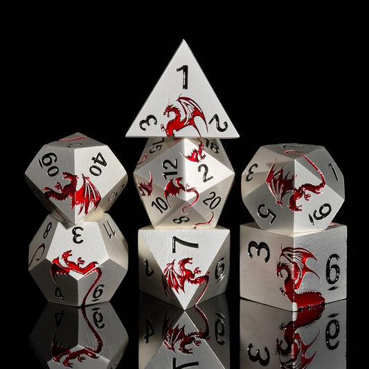 Metal Dice Set D&D, HNCCESG Polyhedral Dice 7 Piece Dice Dragon Metallic DND Dice Set for Dungeons and Dragon RPG Tabletop Game(Matte Silver Red Dragon)