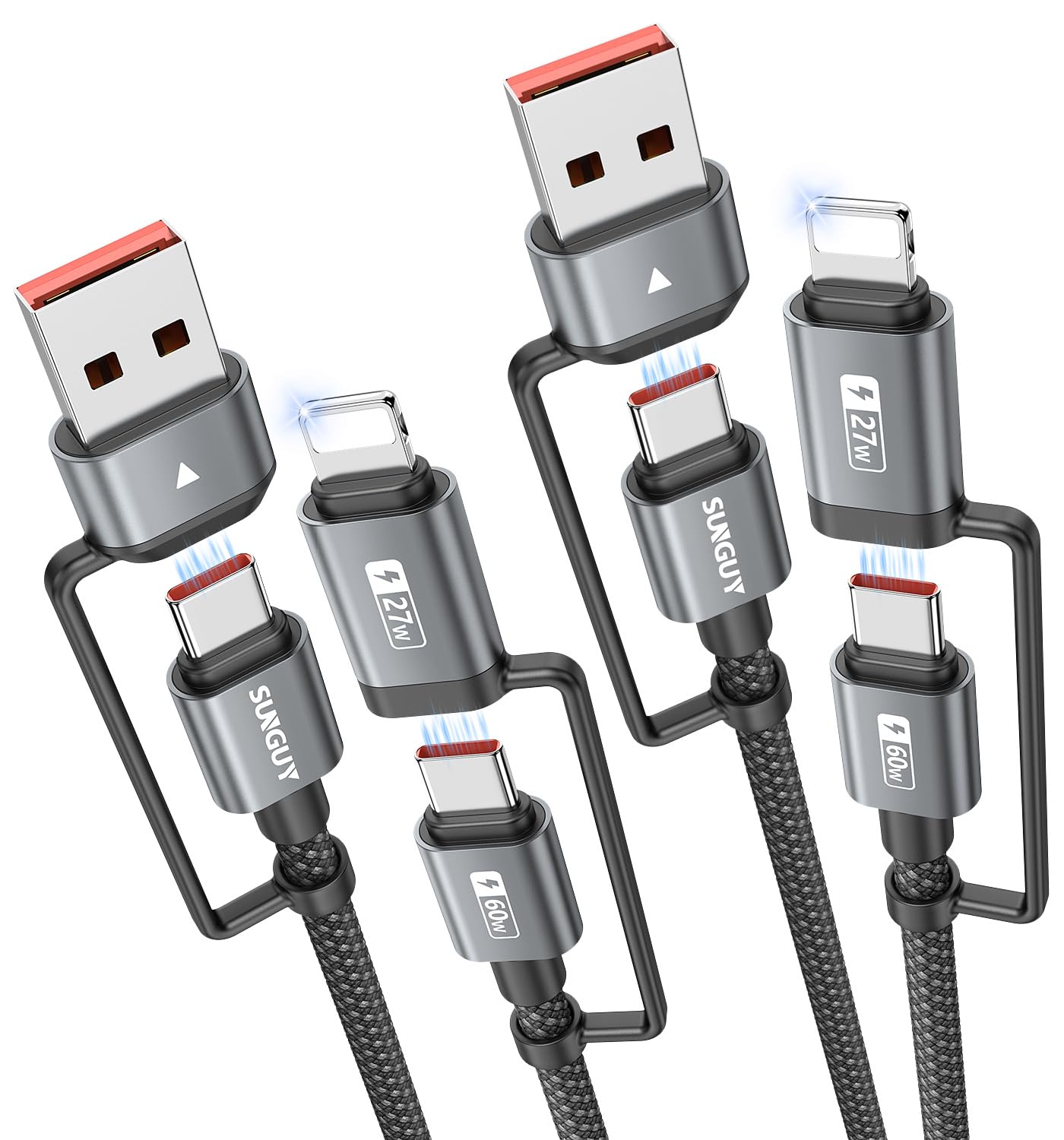 SUNGUY 4 in 1 Charging Cable 6FT [2 Pack], 60W Multi Charging Cable, USB-C/A to Lighting/C Cord for iPhone 16/15/14 Pro/iPad/MacBook/Samsung Galaxy S25/S24/Tablets