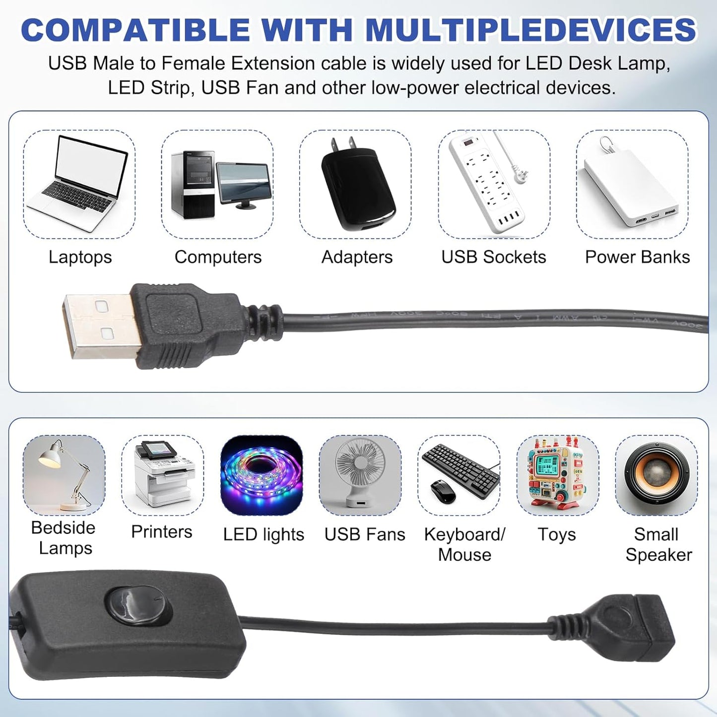 MECCANIXITY USB Extension Cable with ON/Off Toggle Switch 1m USB Male to Female Extension Cord for Desk Lamp Fan LED Light Strip Black Pack of 1