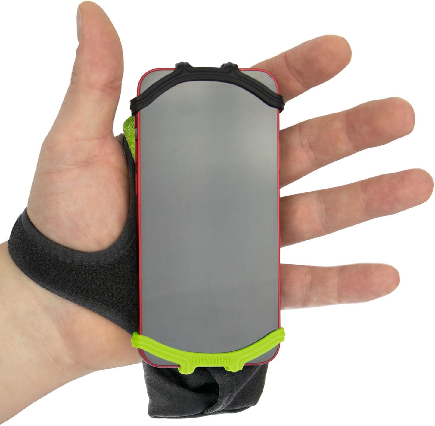 Noxgear Hand Held Phone Holder - Handheld Grip Phone Holder with Key Fob & Card Slot for Running, Jogging & Working Out - Compatible with All Phones - Machine Washable (Lime, Left Hand)