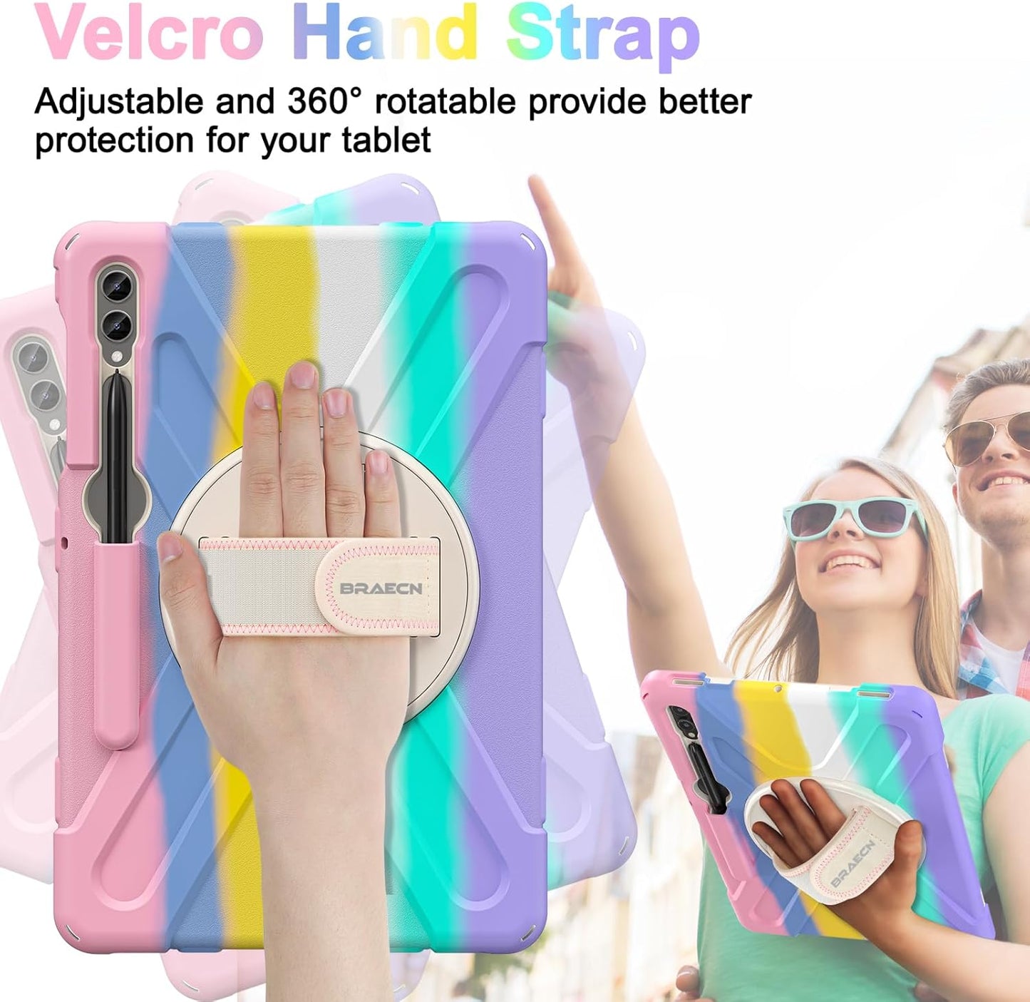 BRAECN for Galaxy Tab S10 Plus Case 2024&S9 FE Plus/S8 Plus/S7 Plus /S7 FE 12.4 Inch,Heavy Duty Shockproof Case with S Pen Holder&360 Rotating Hand Strap/Kickstand/Shoulder Strap for Tab S10+,Rainbow
