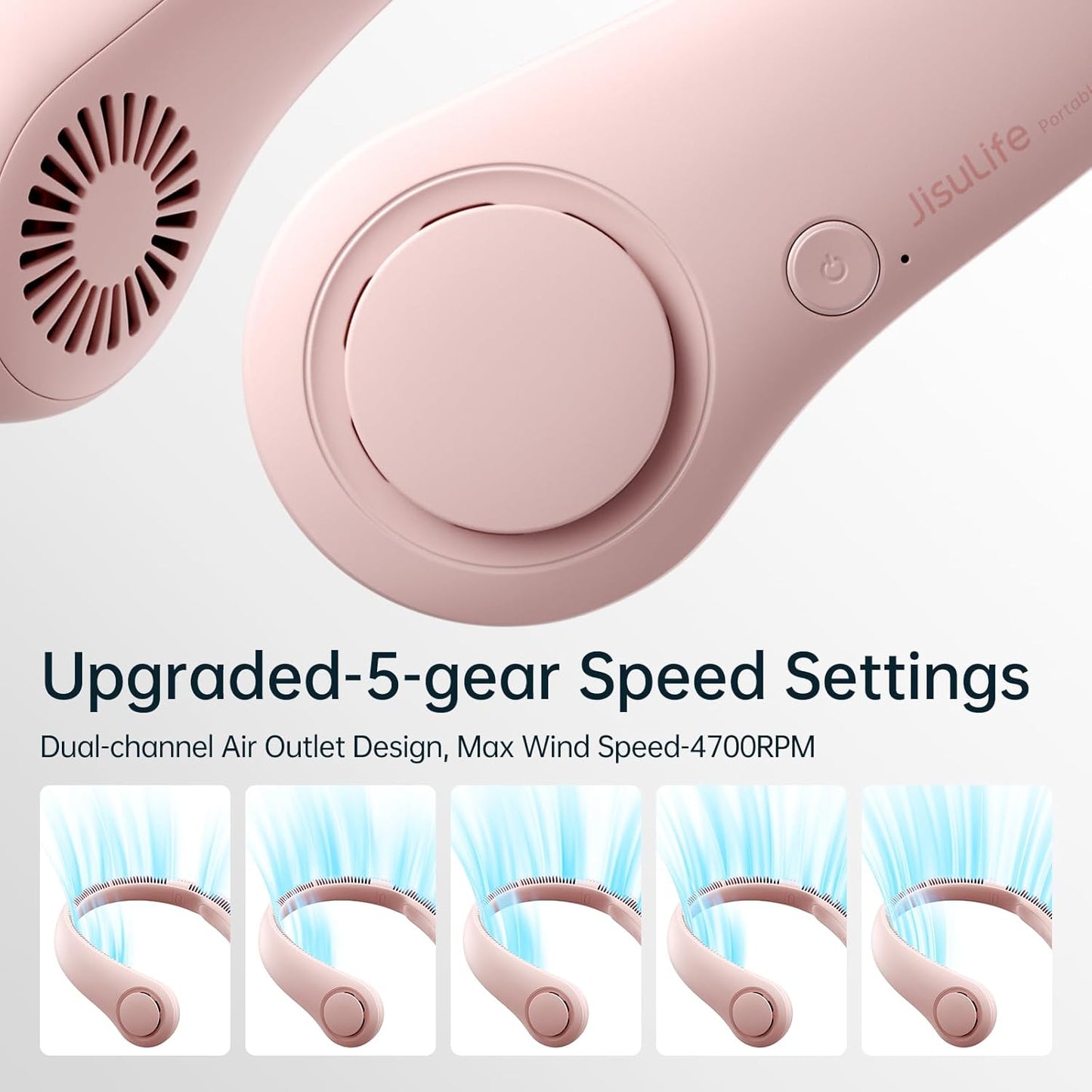 JISULIFE Portable Neck Fan, Hands-Free Bladeless, 5 Speeds, 4000 mAh Battery Operated Wearable Personal Fan, Twistable, Rechargeable, Gift for Women Men-Pink