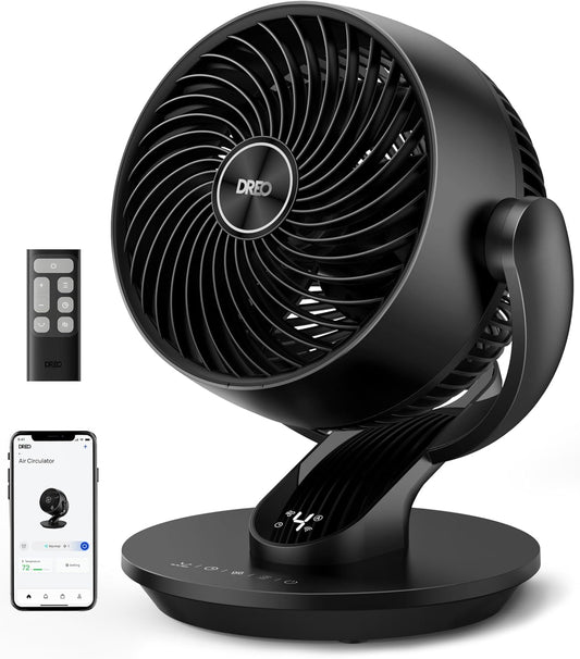 Dreo Smart Fan for Bedroom,120° Vertical and 90° Oscillating Fan with Remote/Voice, 13 Inch Height Quiet Air Circulator for Whole Room, 70 ft, 4 Speeds, 5 Modes, 12H Timer, Desk Fans for Home，Black
