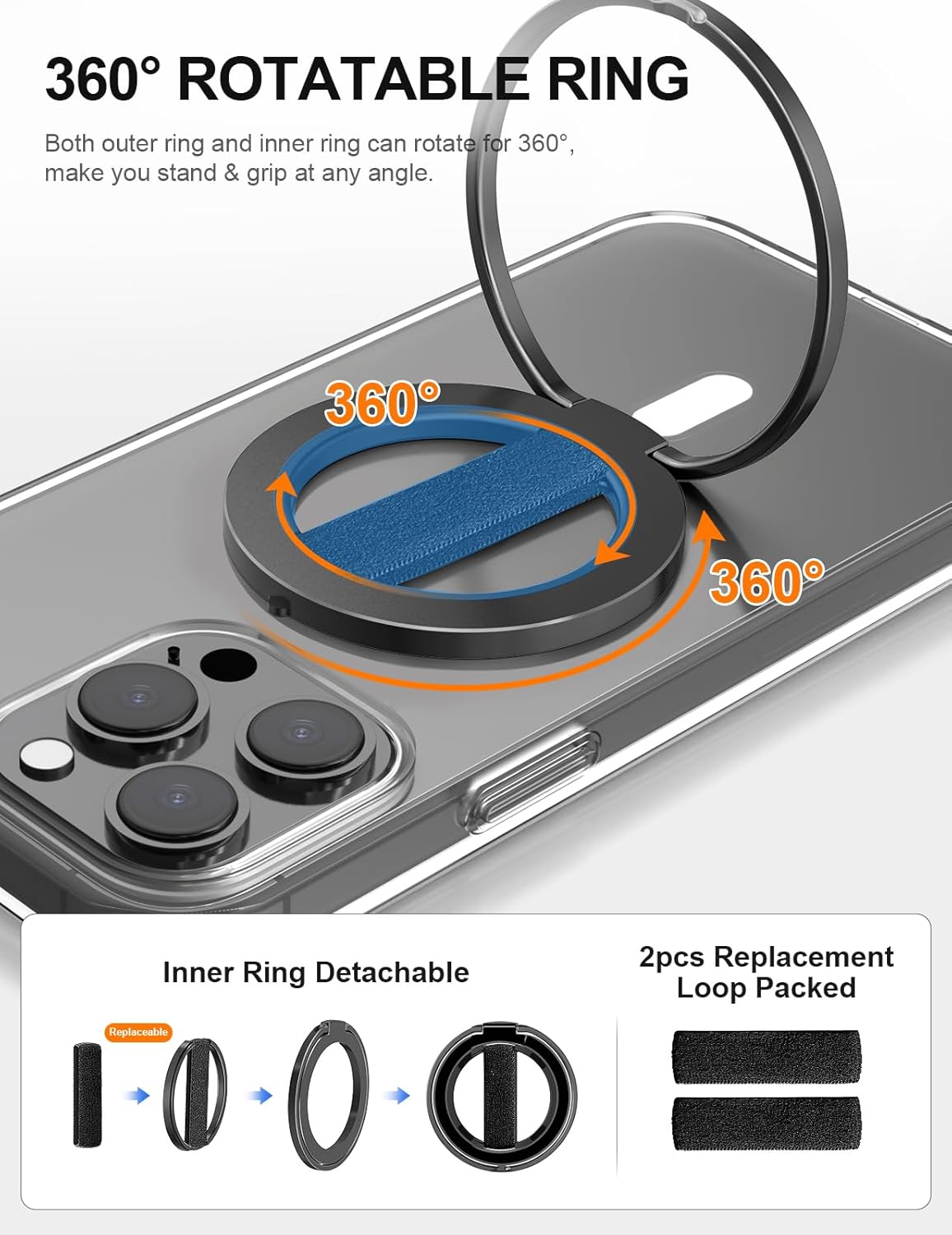 EWA MagOne Ultra Phone Grip Stand with Replaceable Elastic Finger Loop, Removable Magnetic Ring Holder Kickstand Loop, Double-Sided Magnetic Accessories for iPhone 16, 15, 14, 13 Pro/Max/Plus-Black