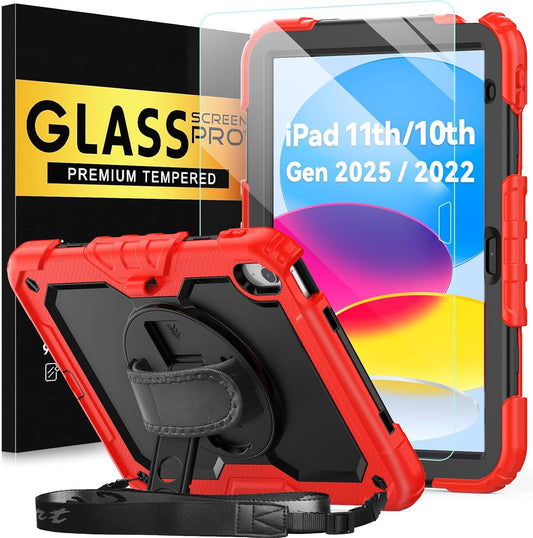 BLOSOMEET Case for iPad A16 11th/10th Generation 11''/10.9'' 2025/2022 with Tempered Glass Screen Protector & Pencil Holder, Rugged Military Grade Cover w/Stand Hand Shoulder Strap, Red