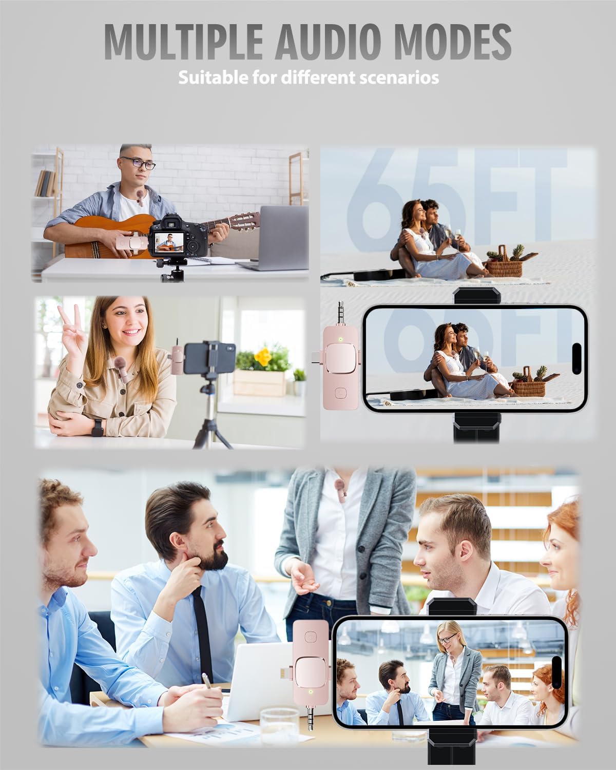 PQRQP 3 in 1 Wireless Lavalier Microphone for iPhone, iPad, Android, Camera, Mini Microphone, 7-Hour Battery, High Definition Sound Quality for Interview, Video Podcast, Vlog (Pink)