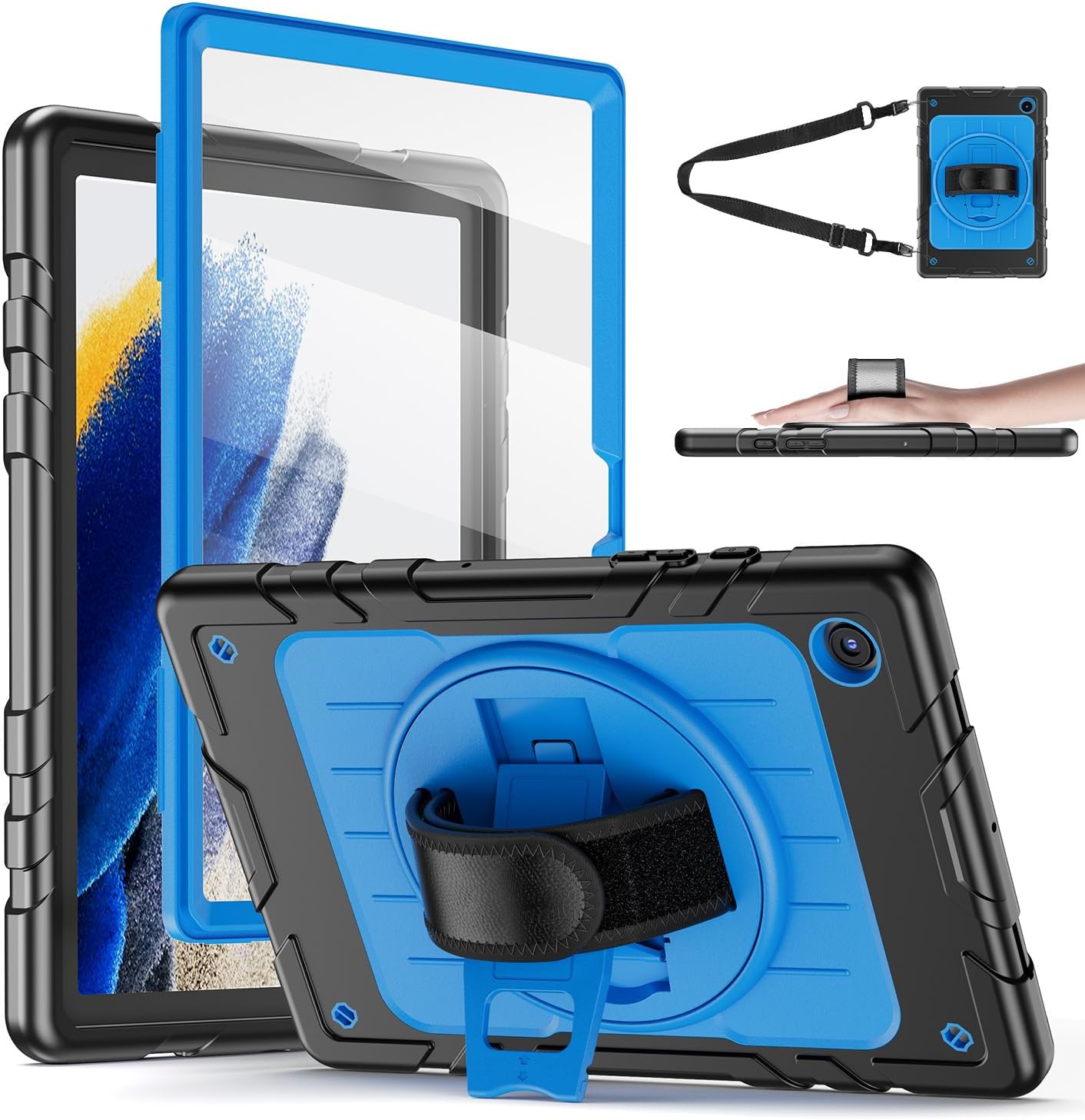 for Samsung Galaxy Tablet A8 Case 10.5 inch 2022 SM-X200/X205/X207 with Screen Protector [360 Rotating Stand] &Hand Shoulder Strap Shockproof Rugged Protective Cover|Black&Blue