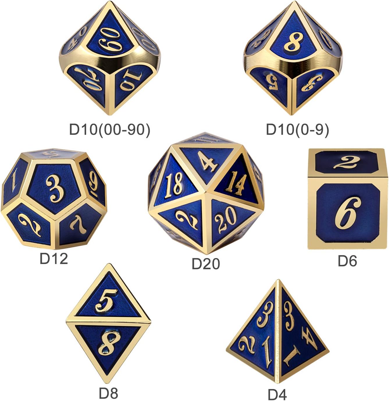 DnDnD Heavy Polyhedral Metal Dice Set with Metal Box, 7-die Shiny Blue Surface with Golden Number for RPG,Dungeons and Dragons,Pathfinder,Shadowrun,D&D,Role Palying Game and Math Teaching
