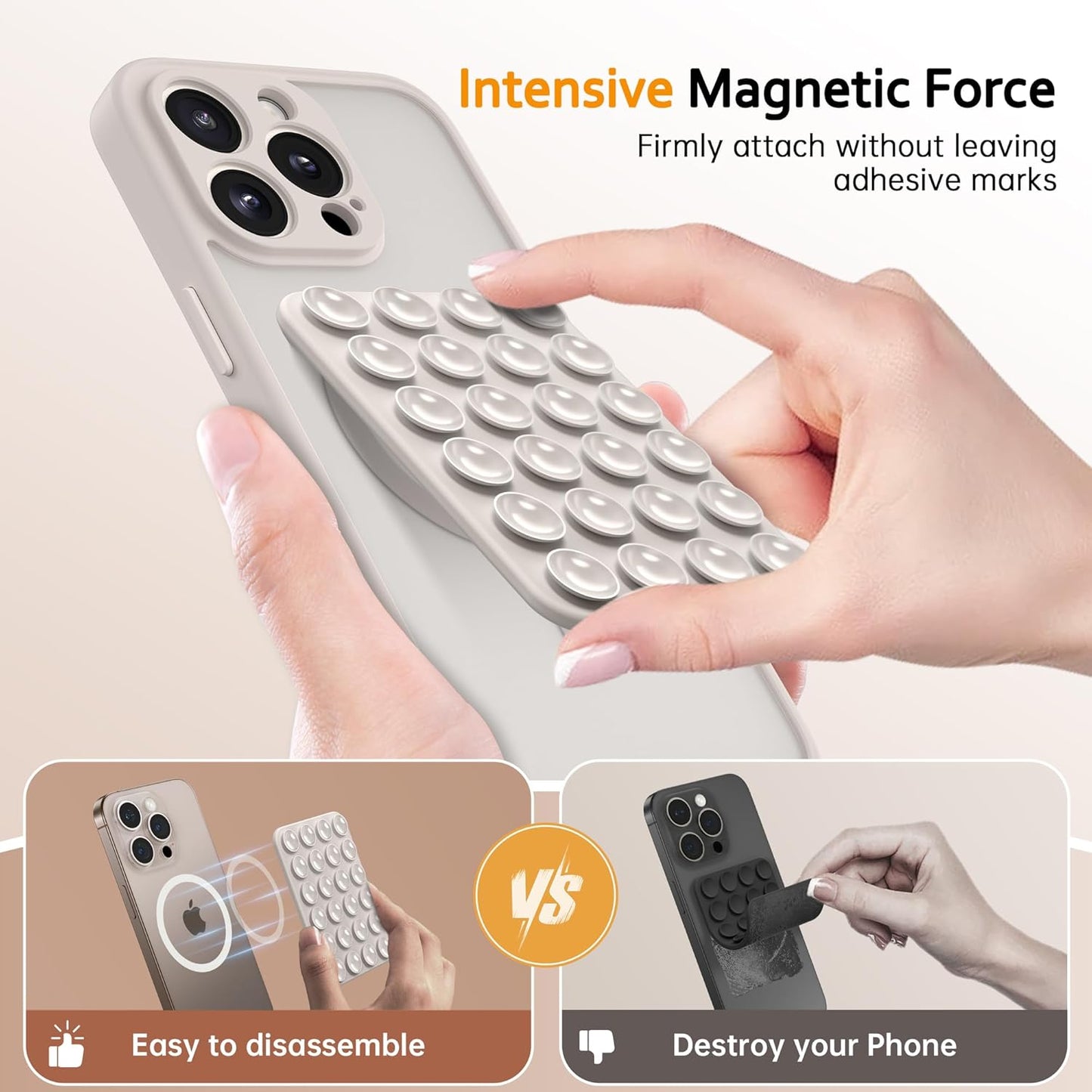 GONEZ Magnetic Suction Cup Phone Mount for MagSafe Case, Removable Silicone Sticky Grip for iPhone 12/13/14/15/16, Hands-Free Selfies and Videos for TikTok & Instagram Influencer/Creator, Stone