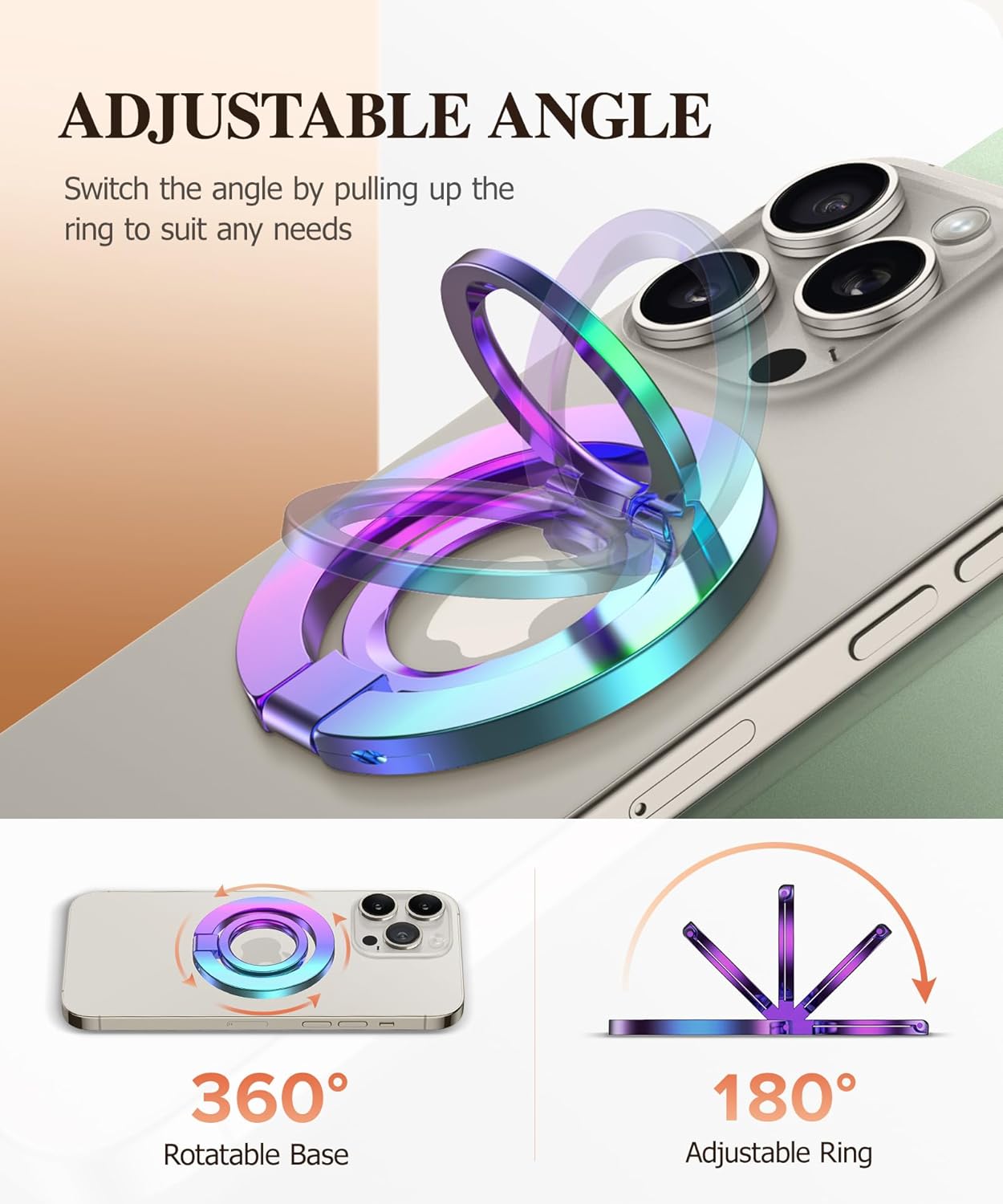 GVIEWIN Magnetic Phone Ring Holder, Compatible with MagSafe Phone Grip with Adjustable Stand, Magnet Phone Ring Kickstand for iPhone 16 Pro Max/Plus/15/14/13/12 Series/Other Phones (Colorful)