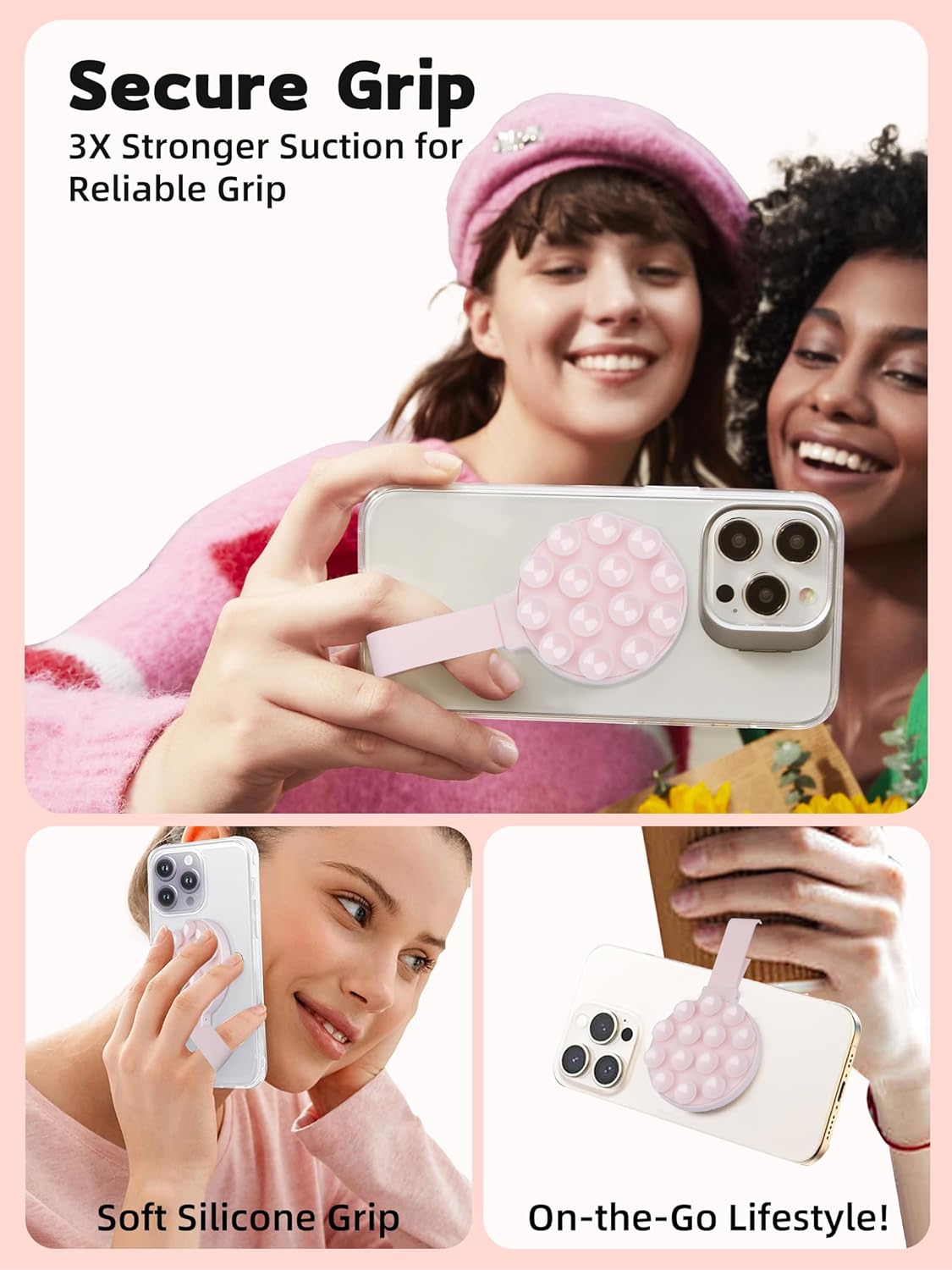 Magnetic Suction Phone Case Mount, Silicone Suction Cup Grip Stand for MagSafe Case, Hands-Free Phone Holder for iPhone 16/15/14 Pro Max, TikTok Videos, Selfies, Women Gift (Light Pink)911001A (Pink)