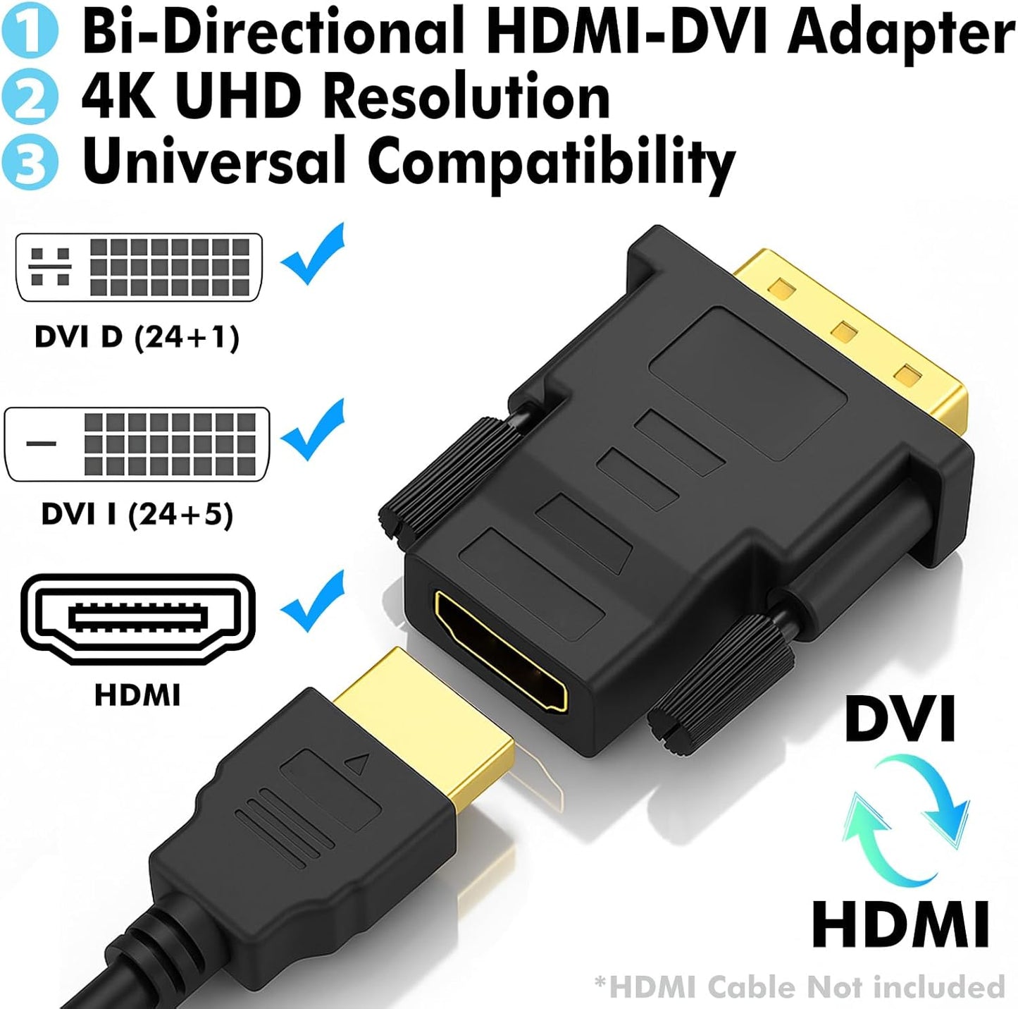 DVI to HDMI Adapter, 2-Pack – Bi-Directional DVI-D Male to HDMI Female Converter – 4K/30Hz UHD Video Support for Monitor, HDTV, Projector, PC, PS4, Laptop – Gold-Plated Connectors