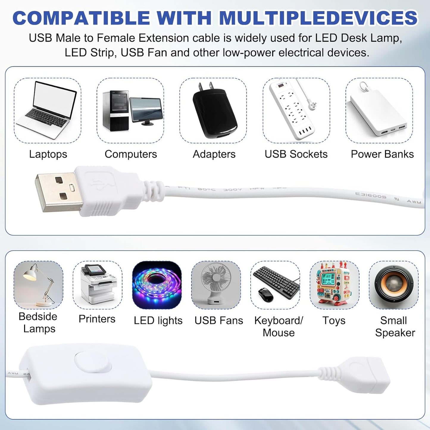 MECCANIXITY USB Extension Cable with ON/Off Toggle Switch 1m USB Male to Female Extension Cord for Desk Lamp Fan LED Light Strip White Pack of 1