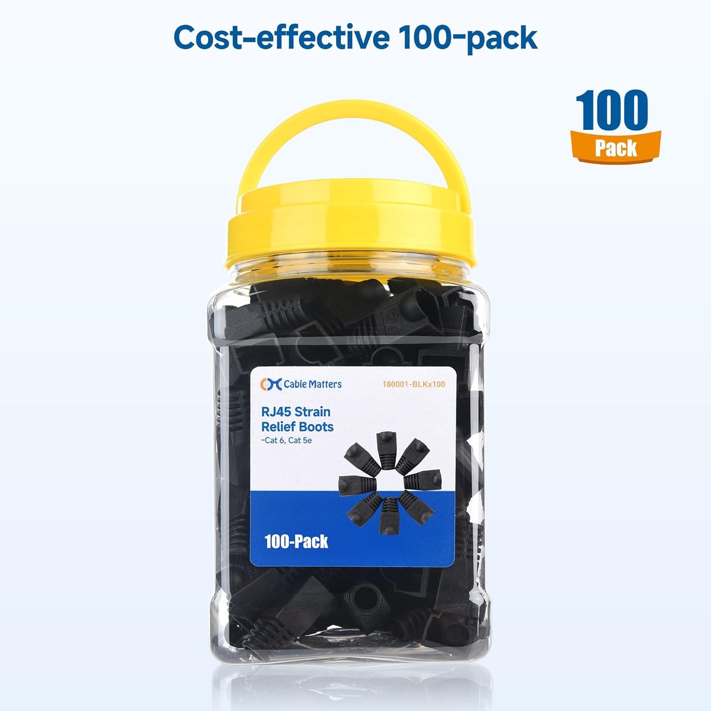 Cable Matters 100-Pack Cat6 / Cat5e RJ45 Strain Relief Boots, RJ45 Boot, Cat 6 Boot, Cat6 Ethernet Boots, Black, Suitable for 6.5mm (0.25in) Ethernet Cables