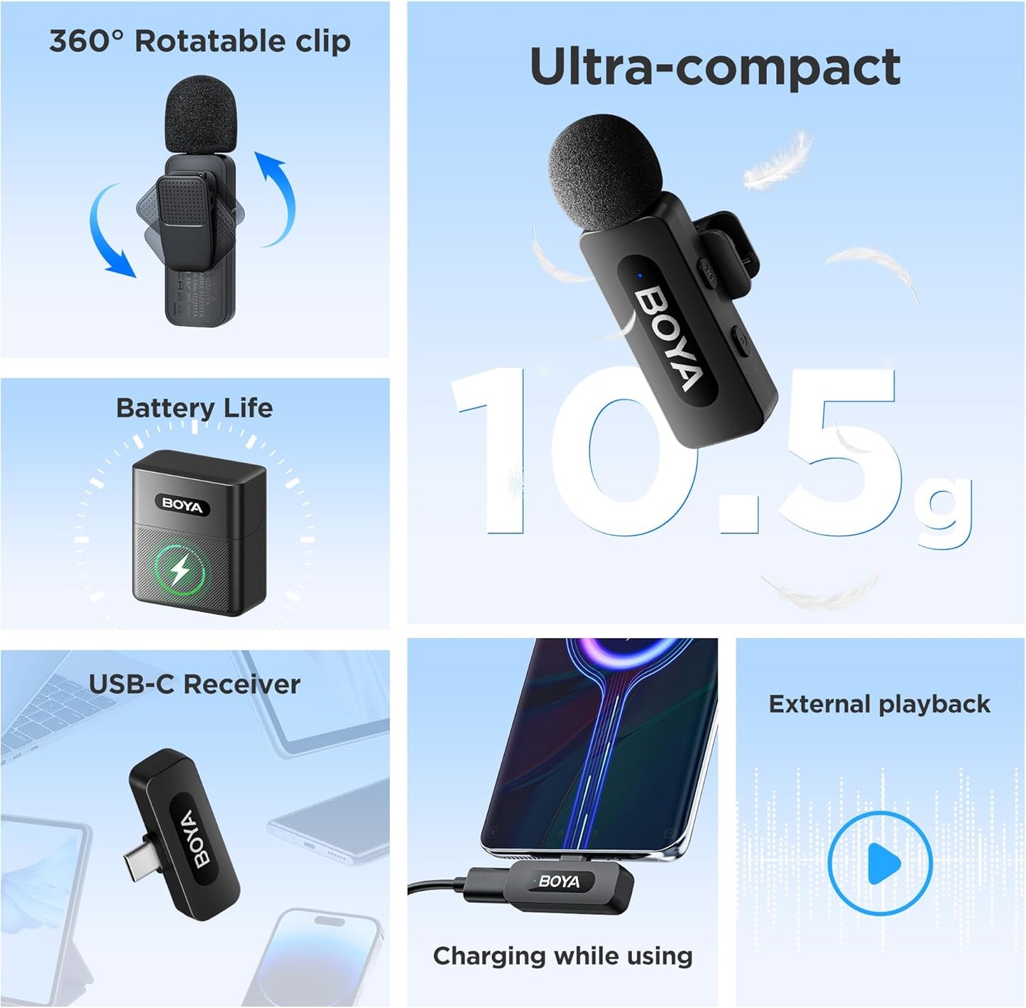 BOYA BY-V30 Wireless Lavalier Microphone,USB Type-C Mini Laple Mics for iPhone16,Android Smartphone,36H Battery,Noise Reduction,328FT Range Clip-on Condenser Mic for YouTube Interview TikTok