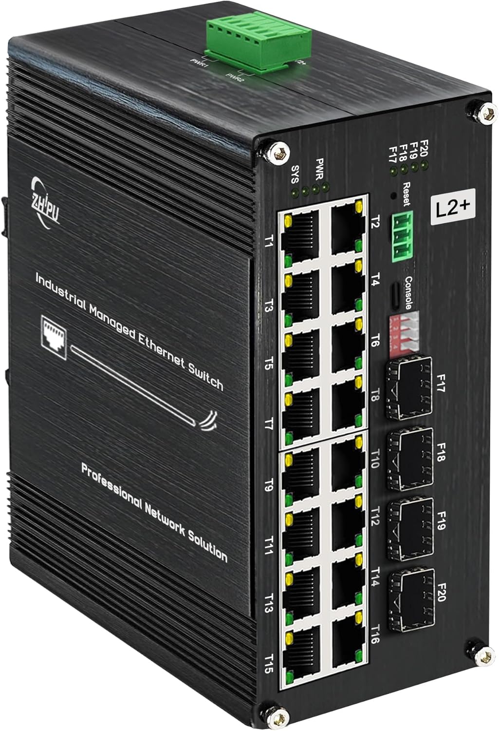 16-Port Gigabit Network Switch with 4 SFP Slot, L2+ Managed PoE Ethernet Switch, Support IEEE802.3af/at, Ring Network, VLAN, STP/RSTP, Plug and Play, Din Rail Installation