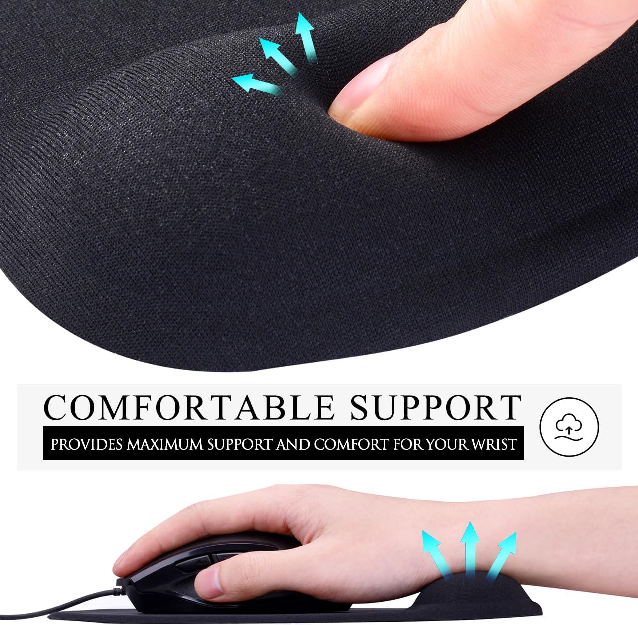 JIKIOU Mouse Pad, 2 Pack Ergonomic Mouse Pads with Comfortable Gel Wrist Rest Support and Smooth Cloth, Non-Slip PU Base for Easy Typing Pain Relief Durable and Easy to Clean Small Black