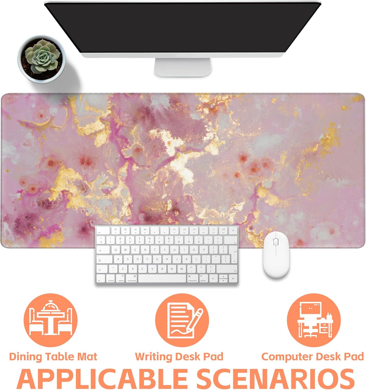Mouse Pad Large Pink and Gold Marble Non-Slip Gaming Desk Mat with Stitched Edge Laptop Keyboard Desk Pad for Work Home Gaming (35.4 x 15.7 Inches)