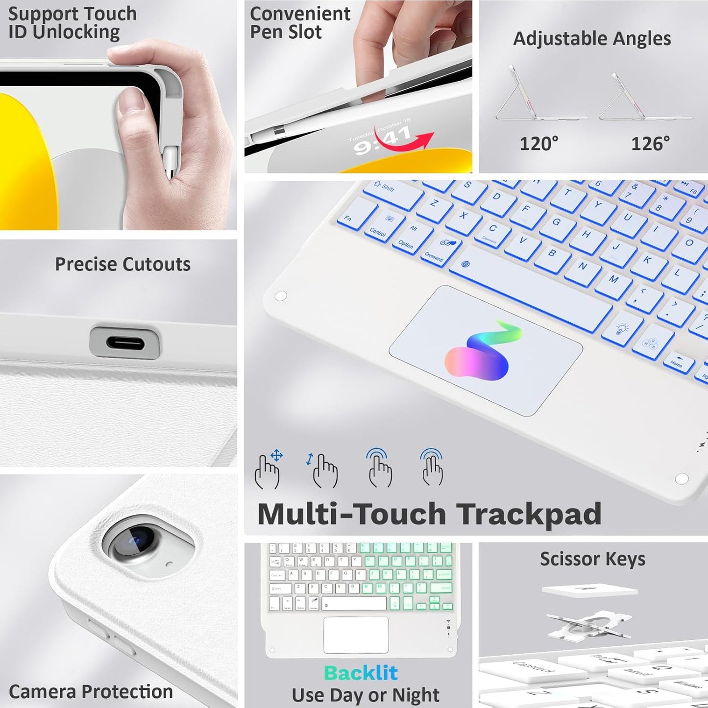 MoKo Touch Keyboard Case for iPad (A16) 11th Generation 11 inch 2025, iPad 10th Generation 10.9 inch Case with Pencil Holder, 7 Colors Backlit Multi-TrackPad Detachable Bluetooth Keyboard, White