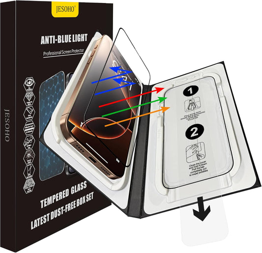 Screen Protector for iPhone 16 pro Blue Light Block,Military-Grade Shatterproof HD Tempered Glass with Easy Installation Tray,Touch Sensitive, 9H Hardness, Anti-Scratch,2 Pack