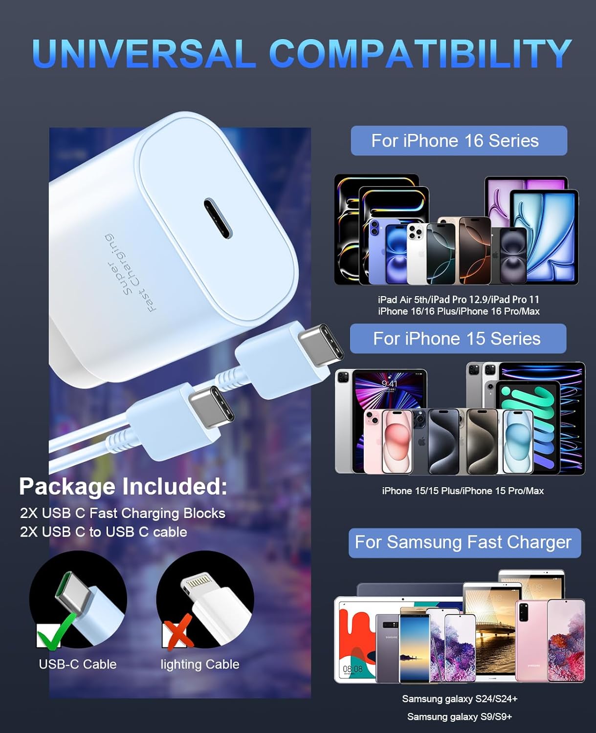 Phone 15 Charger,30W USB C Fast Charger Block & 10FT Long C to C Fast Charging Cable Cord for Phone 15/15 Pro Max/ 15 Plus/ 15 Mini,Pro 12.9/11,10th Gen/Mini 6 Galaxy S24 Ultra,Blue Gradient