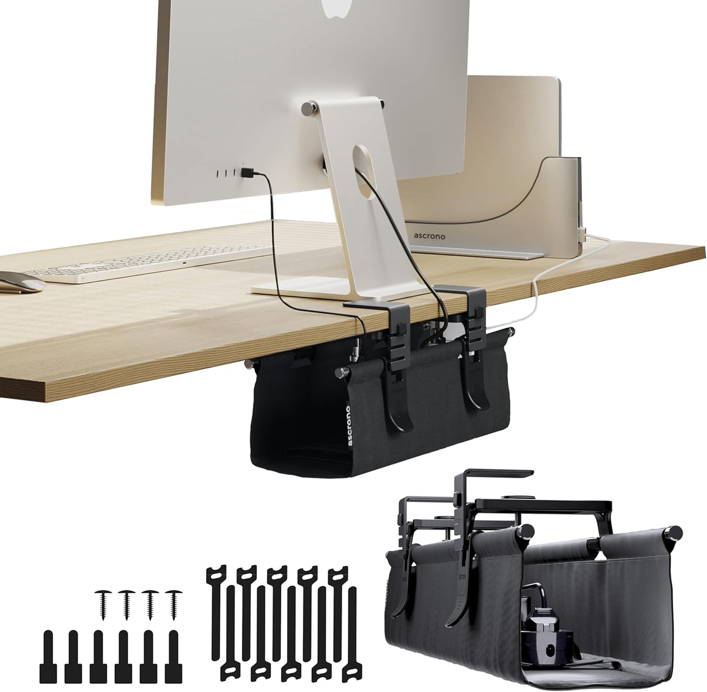 Ascrono Original No Drill Under Desk Cable Management Tray 14.1" - Premium Black Fabric Cable Management Under Desk - Clamp/Screw Mount Cord Organizer - Supports Upto 66lbs