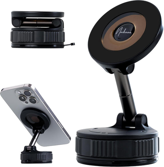 Vacuum Magnetic Phone Holder – 360-Degree Rotating Magnetic Suction Phone Mount for Car, Windshield, Gym, Outdoor – Strong Hold Cellphone Car Holder – Compatible with MagSafe